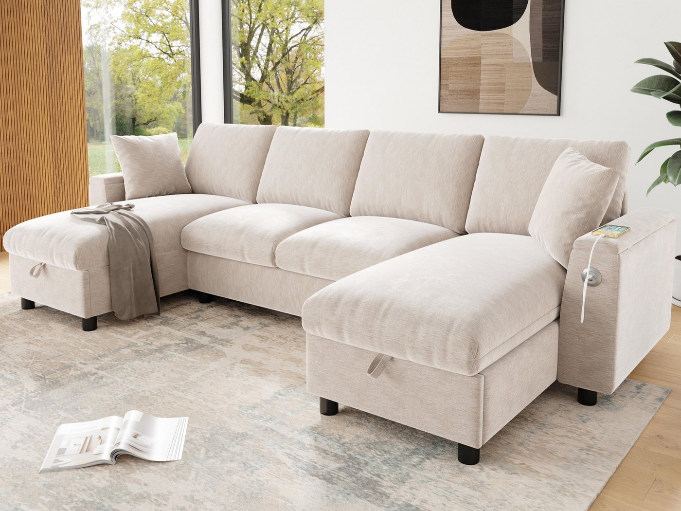 Flieks Ecksofa Couch U-Form Schlafsofa mit Ladefunktion, Schlaffunktion und Stauraum, 279×135×84 cm, Armlehne mit Staufach, USB-&Type-C-Anschluss, Bettfunktion, Bettkasten & 2 Zierkissen, Federkern, Sofa aus Chenille
