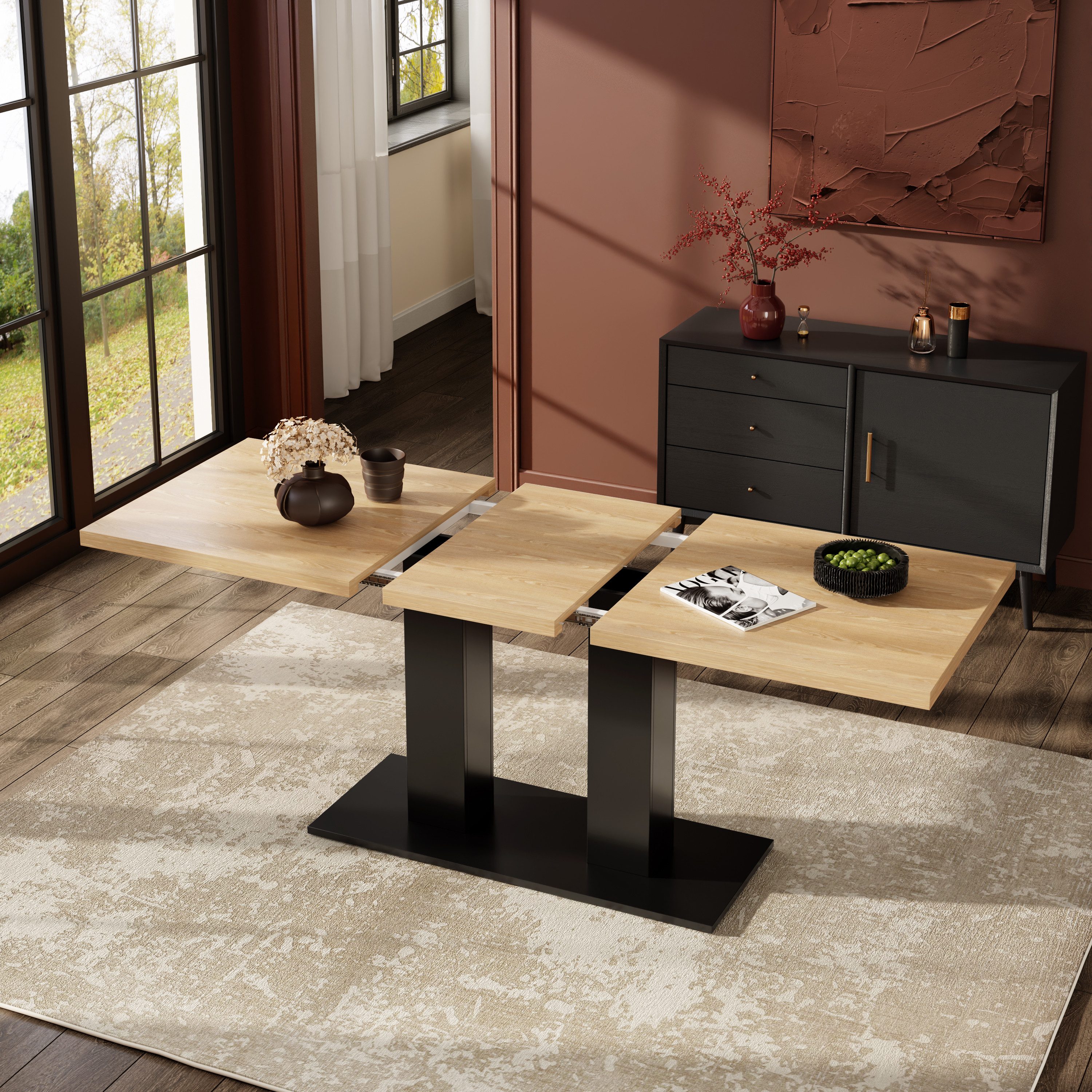 Flieks Esstisch (Länge 140-180/T70/H75 cm, Tischplattenstärke 3cm, 1-St., 1 Tisch), ausziehbarer Küchentisch rechteckig Bürotisch Holzptik Natur&Schwarz