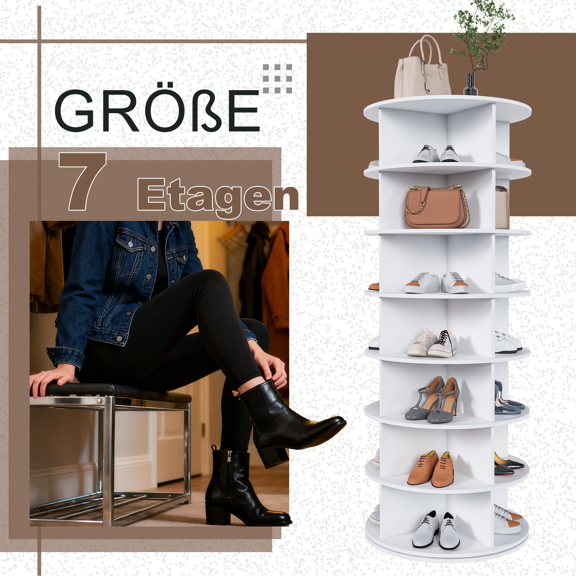 Odikalo Schuhregal 6-stöckiges Schuhständer, drehbar, 6-stöckiges drehbares Schuhregal mit 360° Drehfunktion für 24 Paar Schuhe, extra hoher Boden für Stiefel,  – Bild 4 von 5