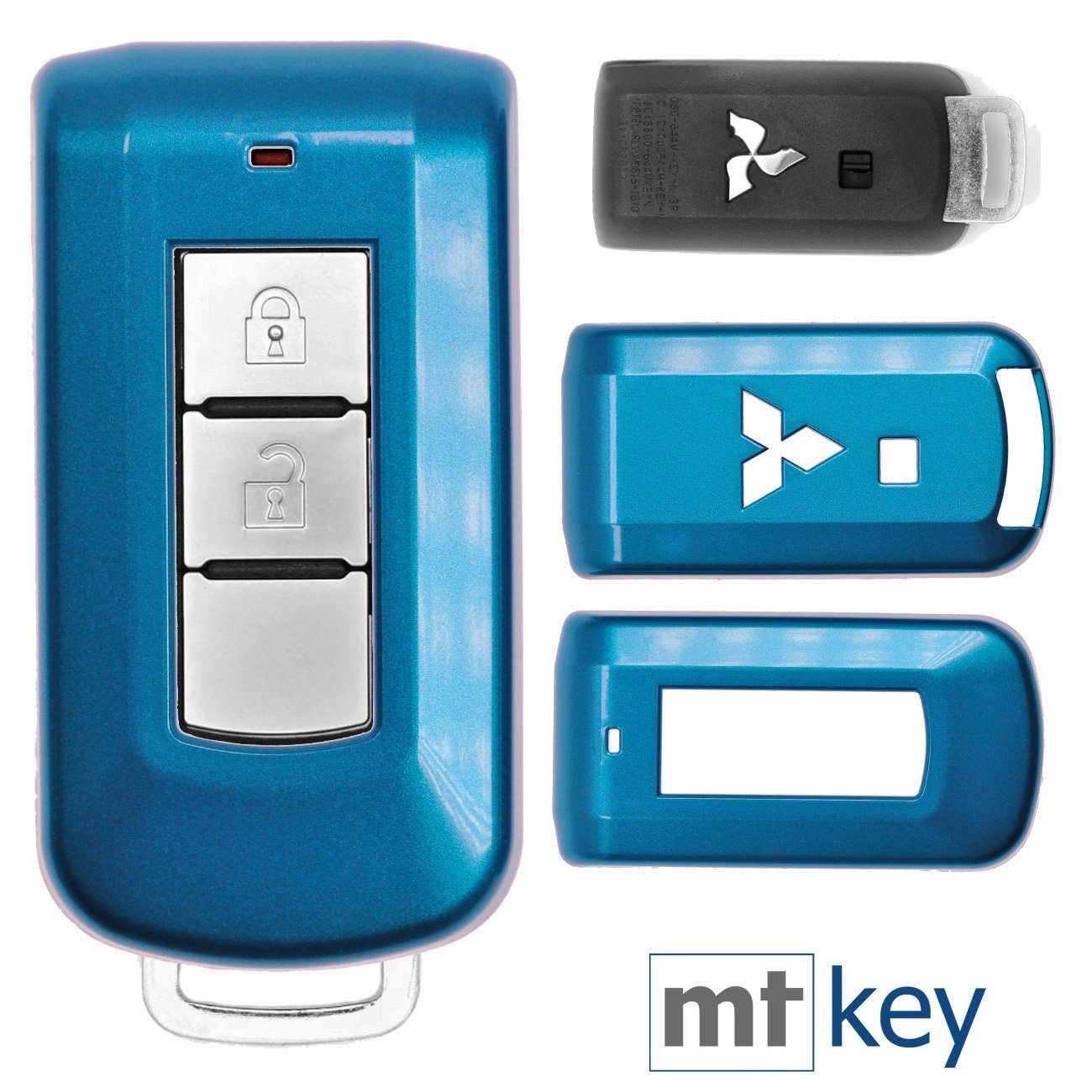 mt-key Schlüsseltasche Autoschlüssel Hardcover Schutzhülle Metallic Blue, für Mitsubishi ASX L200 Outlander Pajero KEYLESS SMARTKEY Metallic Blau