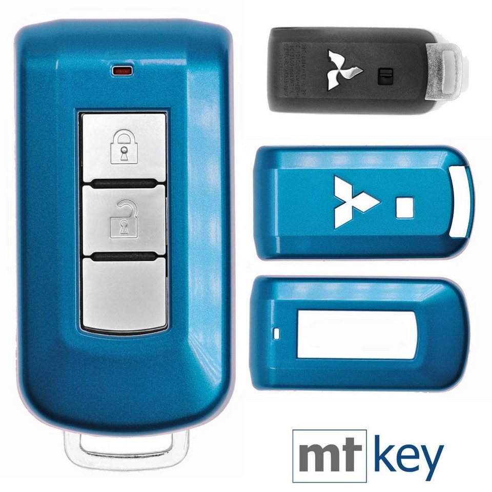 mt-key Schlüsseltasche Autoschlüssel Hardcover Schutzhülle Metallic Blue,  für Mitsubishi ASX L200 Outlander Pajero KEYLESS SMARTKEY