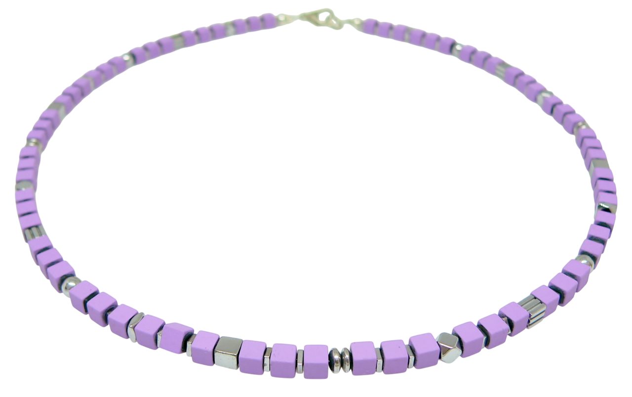 Collier 071n Halskette Würfelkette Hämatit matt flieder lila pastell silber