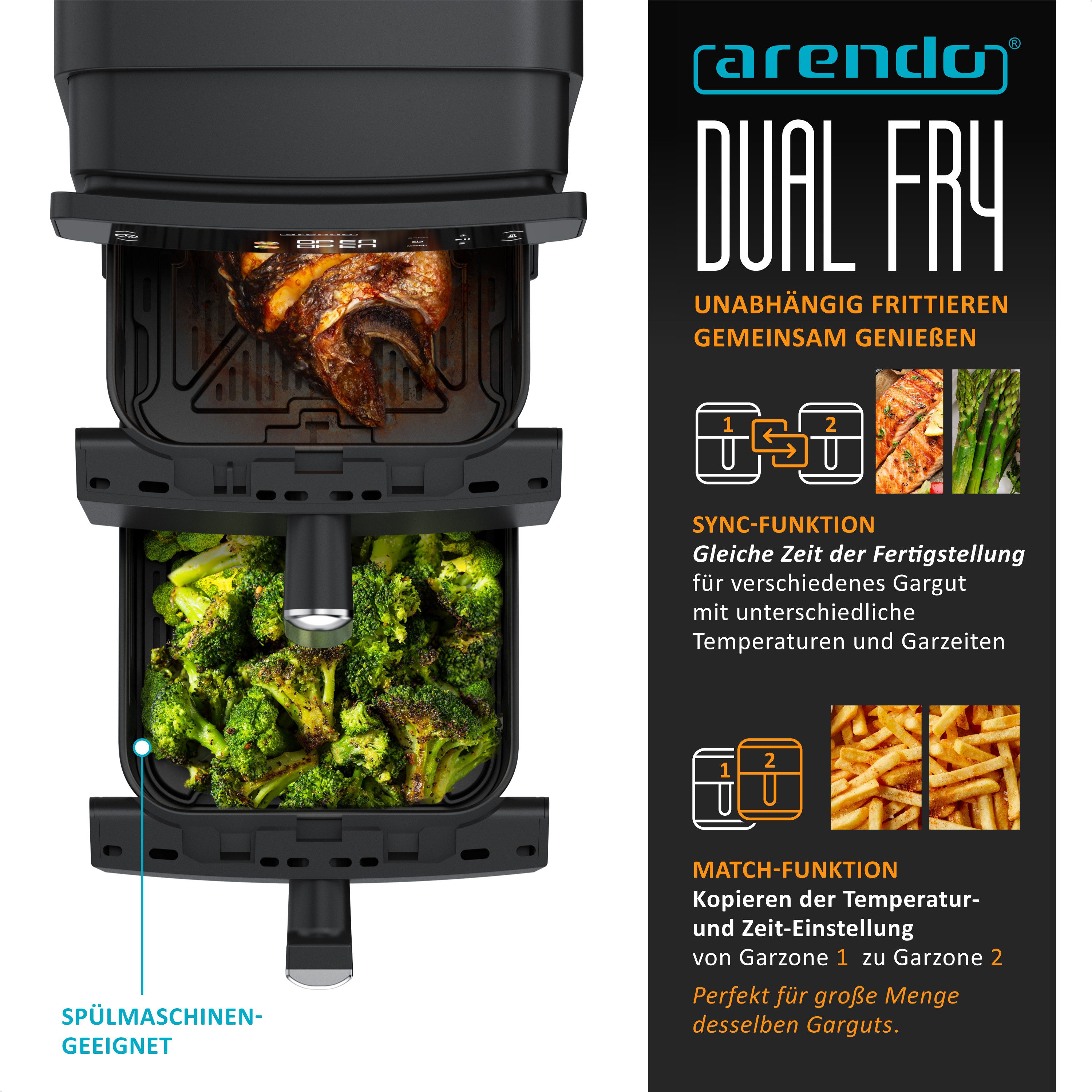 Arendo Heißluftfritteuse mit 2 Kammern Übereinander, XXL Doppelkammer Airfryer 11L, Dual Zone, 2400 W, mit Zubehör, Umluft Backofen, Edelstahl, fettarmes gesund – Bild 4 von 5
