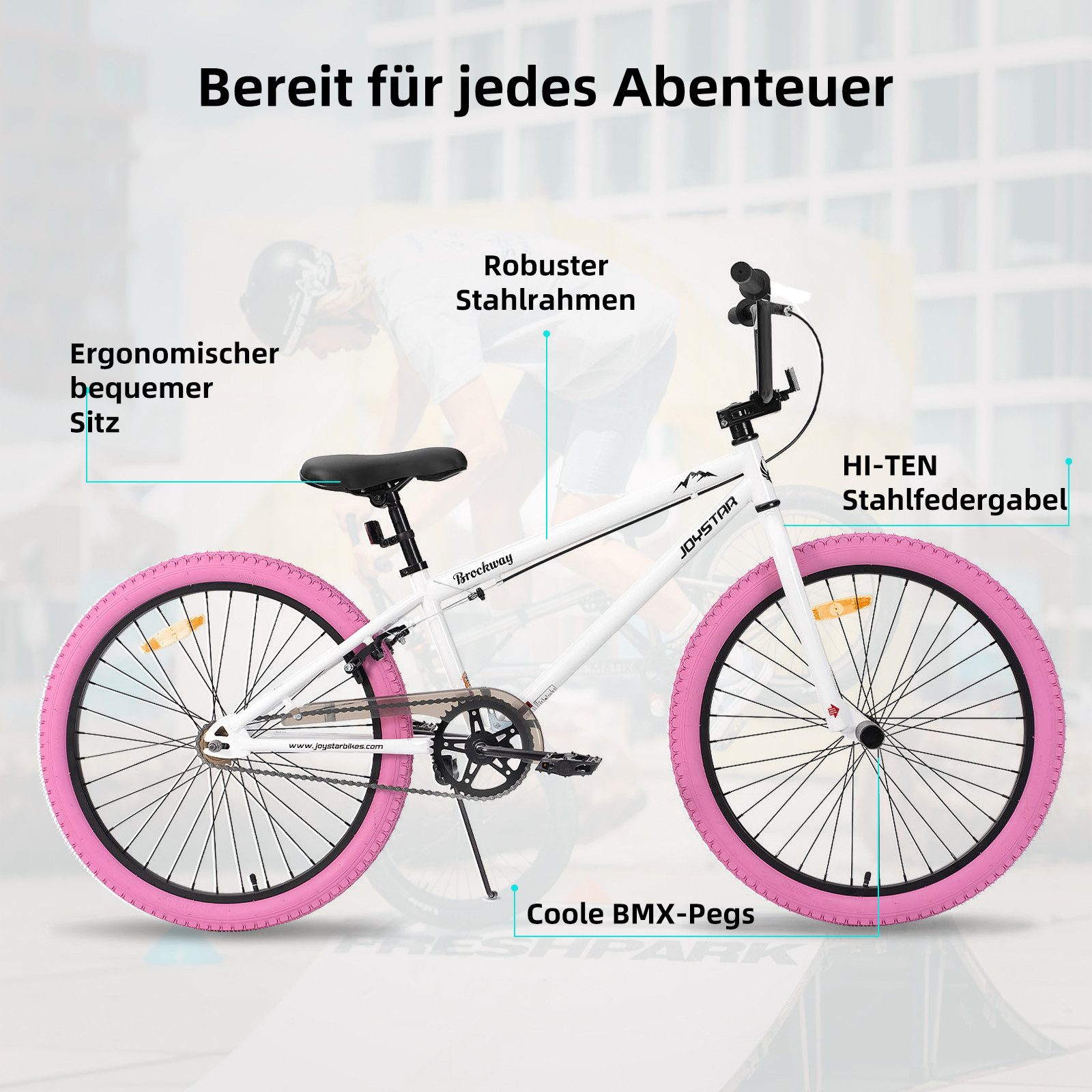 JOYSTAR Kinderfahrrad 20 Zoll BMX Fahrrad für Jungen Mädchen im Alter von 7-12 Jahren, Freestyle, Doppelbremsen, 2 pegs, Kettenschutz, Singlespeed