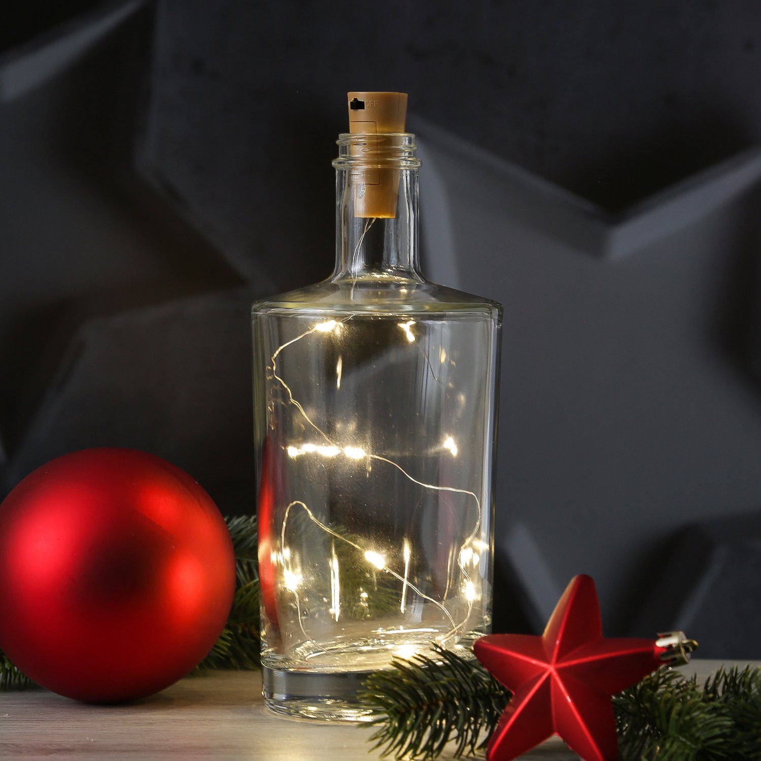 Flaschenlicht LED Draht für Weinflaschen silber, MARELIDA LED-Lichterkette Korken Flaschen 6-flammig 55cm