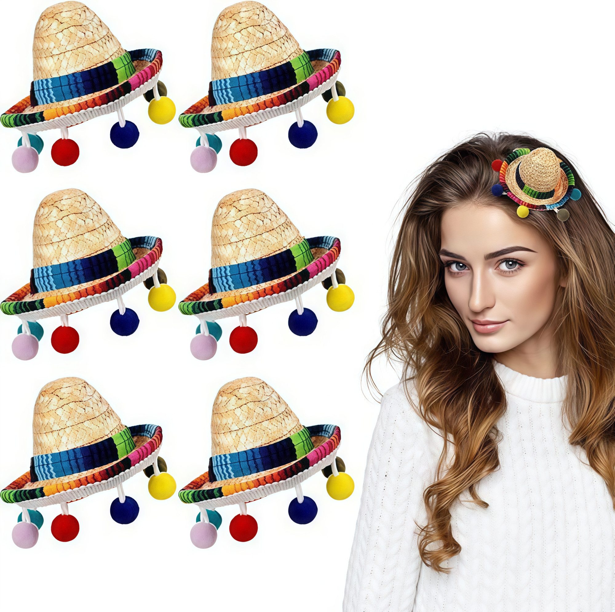 FOUORTUNATE-BEE Diadem 6er Set Bunte Mexikanische Pom-Pom-Haarspangen mit Mini-Sombreros (6-tlg), Mini-Sombrero-Haarspangen für Fiesta, Party & Karneval, 6 Stück