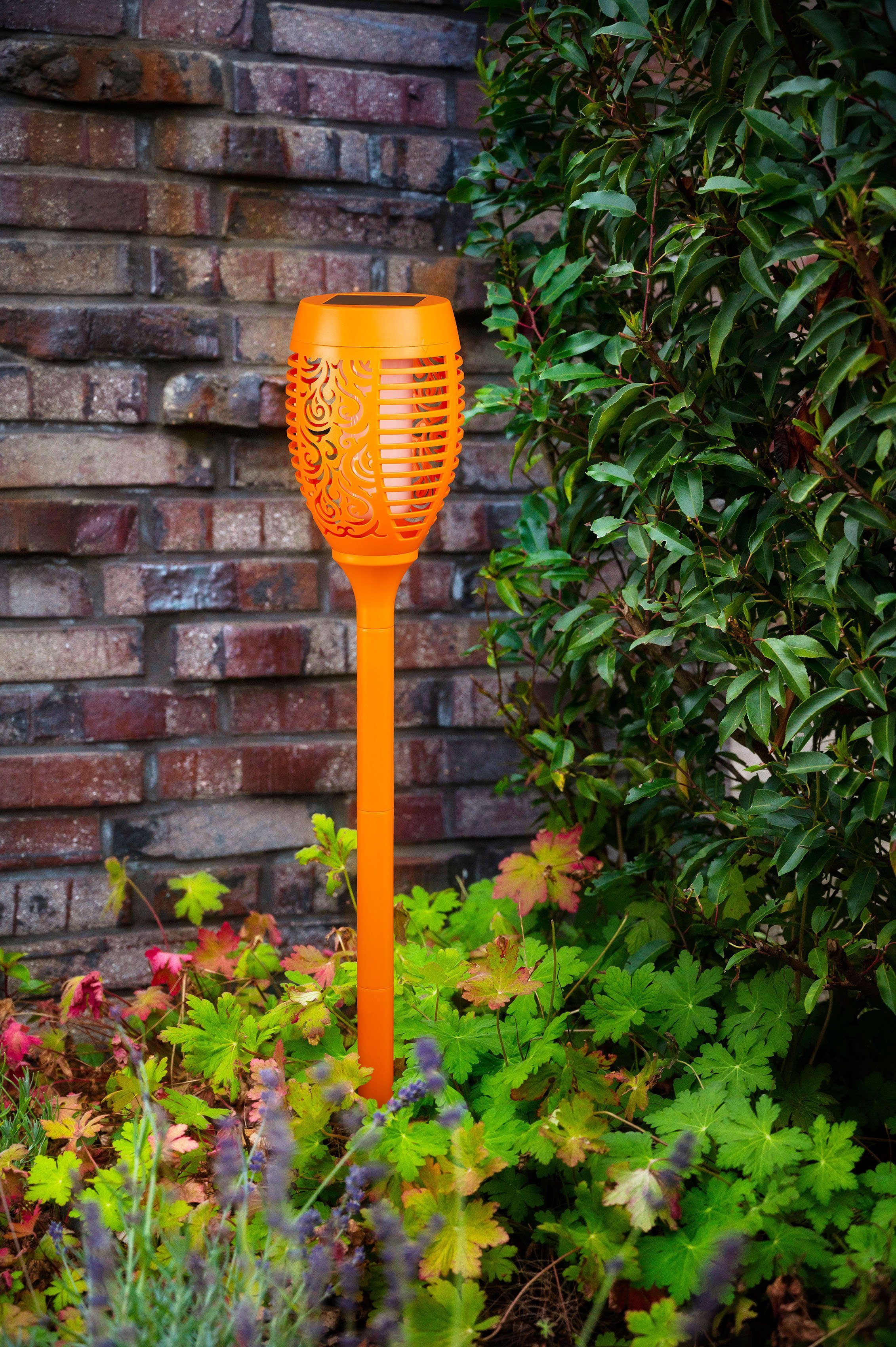 BONETTI LED Gartenfackel, Tageslichtsensor, LED fest Gartenfackel integriert, orange mit Solar Set realer Flamme LED 3er