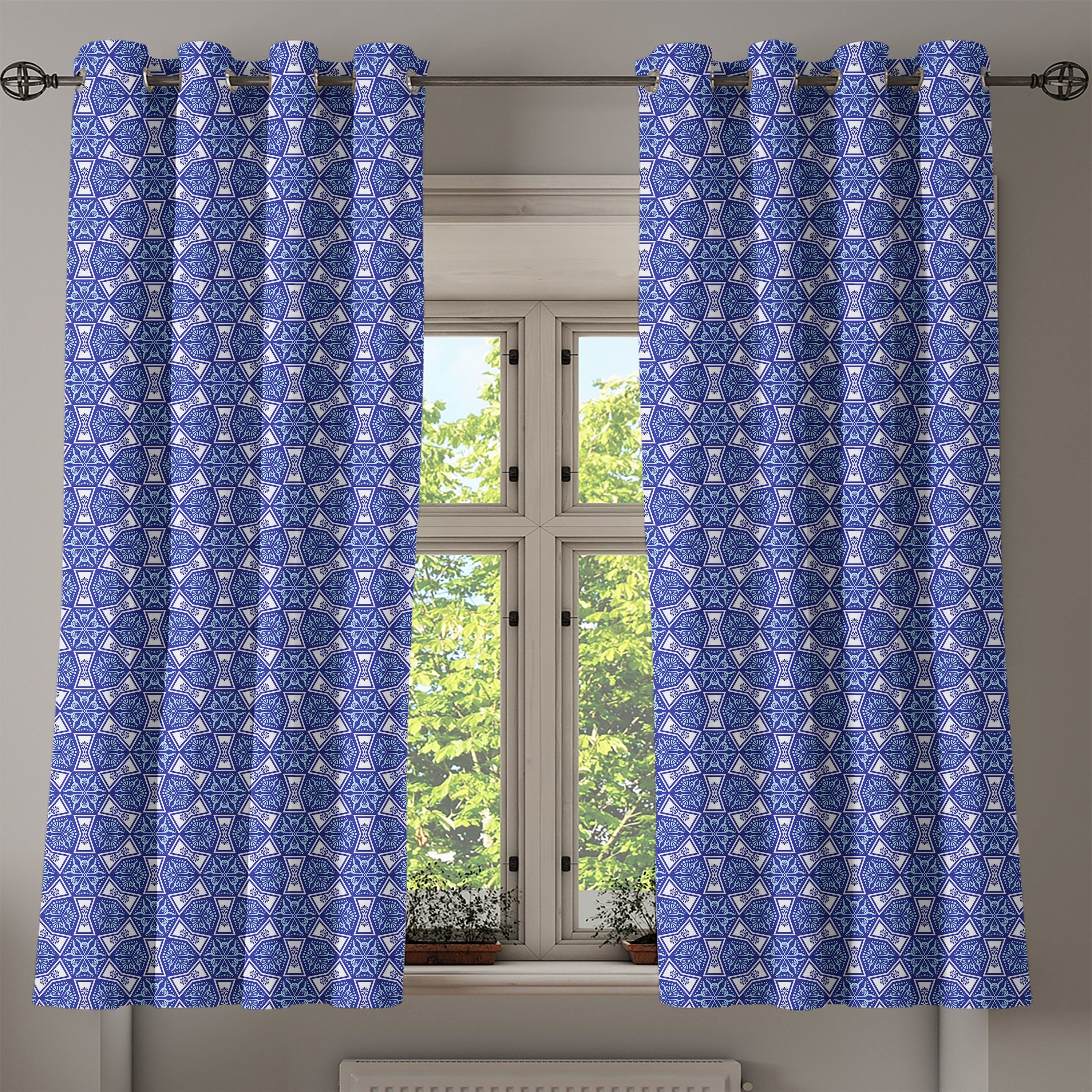 Blau Abakuhaus, Floral 2-Panel-Fenstervorhänge Dekorative Schlafzimmer Wohnzimmer, Geometrisch Indigo Gardine für