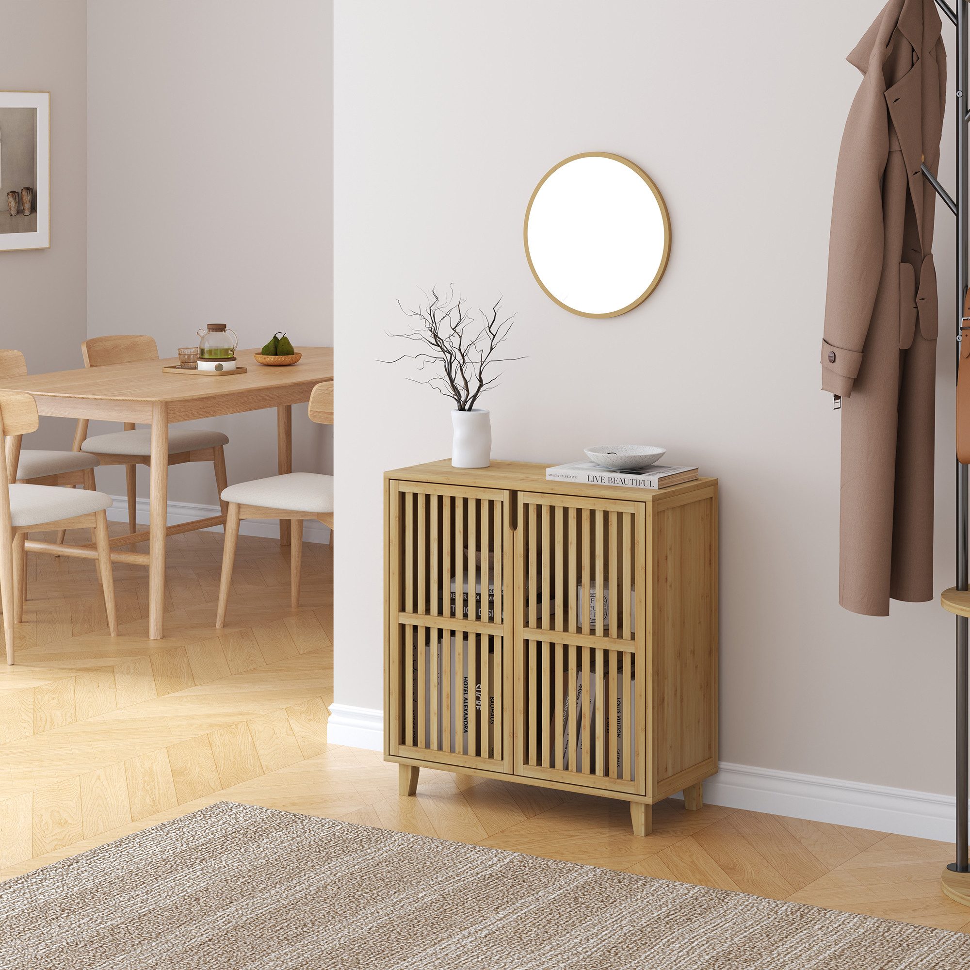 en.casa Beistellschrank »Sirgerg« 77 x 72 x 33 cm mit 2 Türen und 2 Fächern Bambus Natur