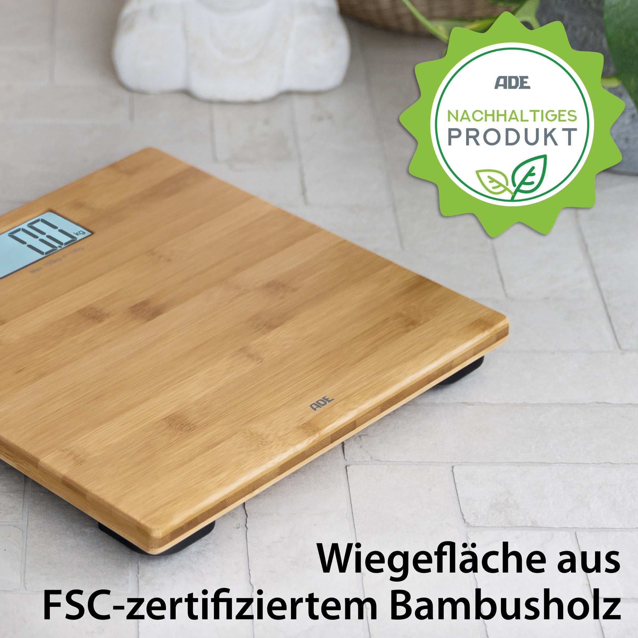 ADE Personenwaage Badezimmerwaage mit Wiegefläche aus echtem Bambus, Wiegefläche aus echtem Bambusholz, großes Display, bis 150 kg