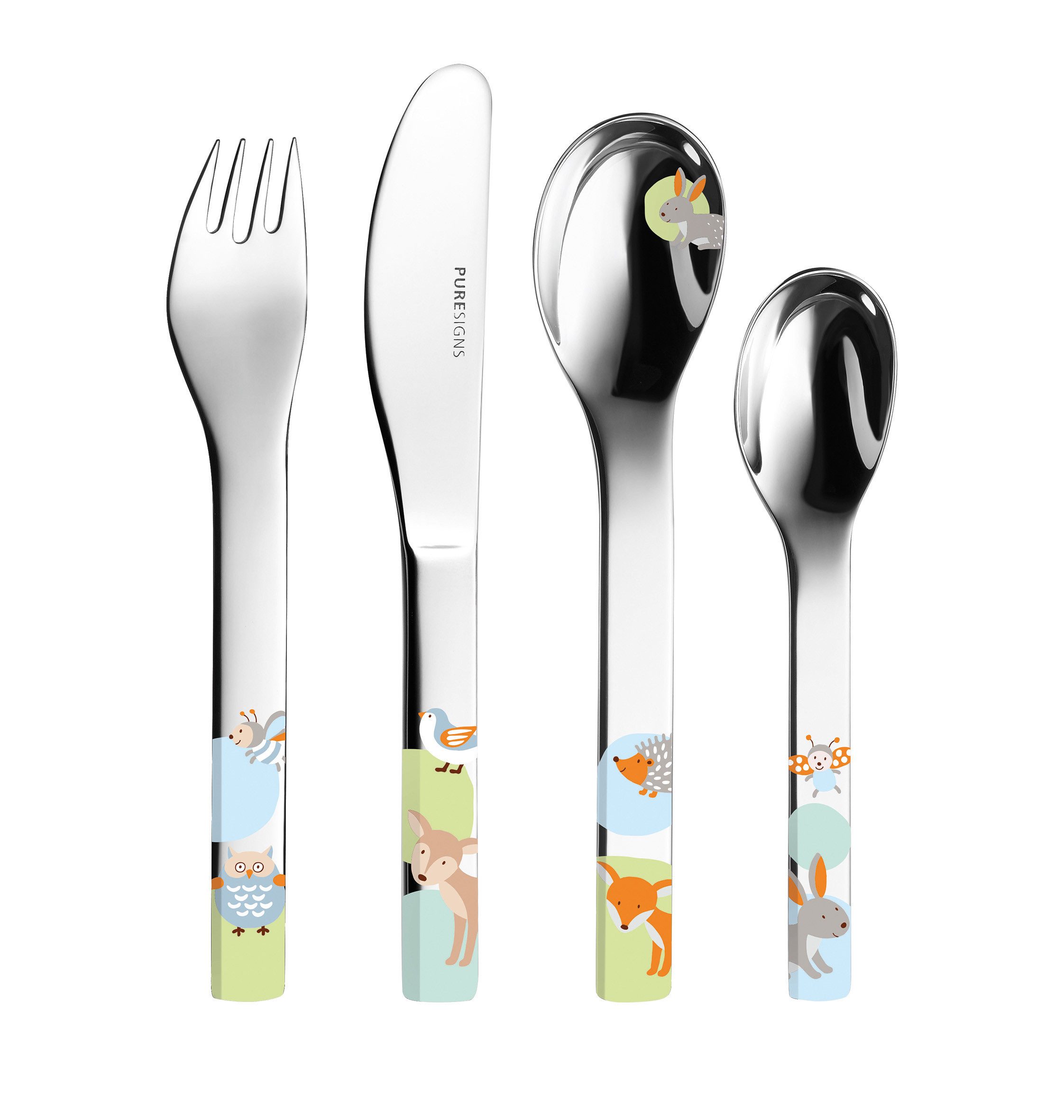 PURESIGNS Kinderbesteck WOODY (4-tlg), 1 Personen, Edelstahl 18/10, Plastikfreier Essgenuss für die Kleinen