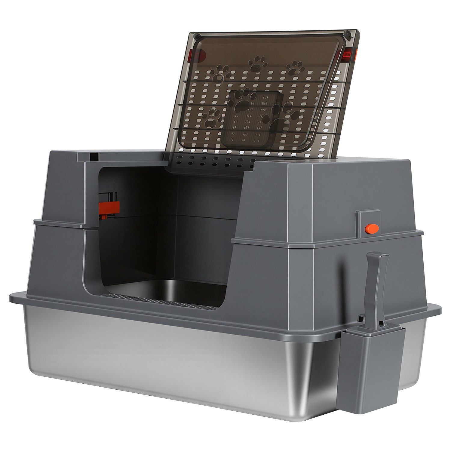 Clanmacy Katzentoilette XXXL Edelstahl-Katzenklo mit Deckel grau 70 x 50 x 43 cm