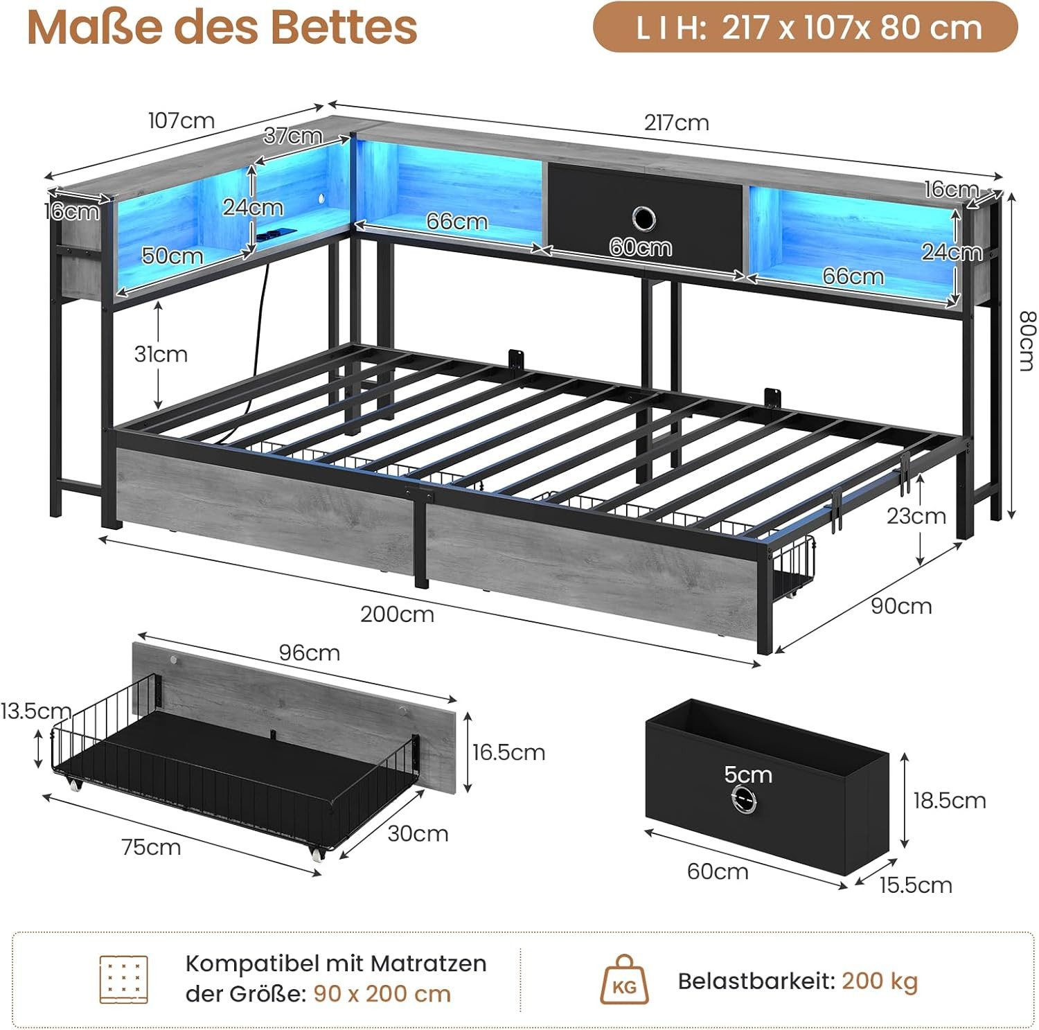 MSMASK Daybett Schlafsofa mit LED-Beleuchtung und Steckdose, Kinderbett, Jugendbett (1 tlg), Bett mit Metallrost, 90 x 200 cm