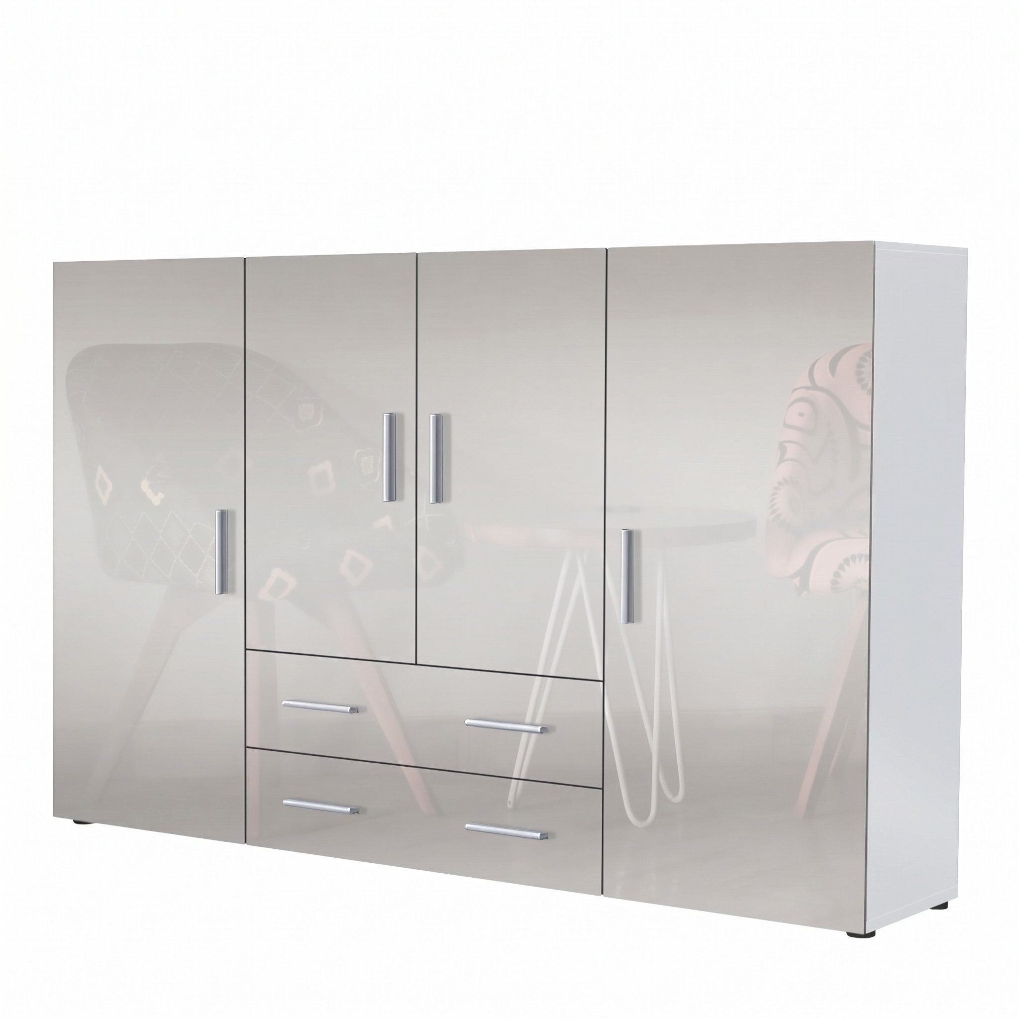 Vladon Highboard Nora (Anrichte mit 2 Schubladen, und 4 Türen mit insgesamt 8 Fächer dahinter), Weiß matt/Sandgrau Hochglanz (166,5 x 106,5 x 35 cm)