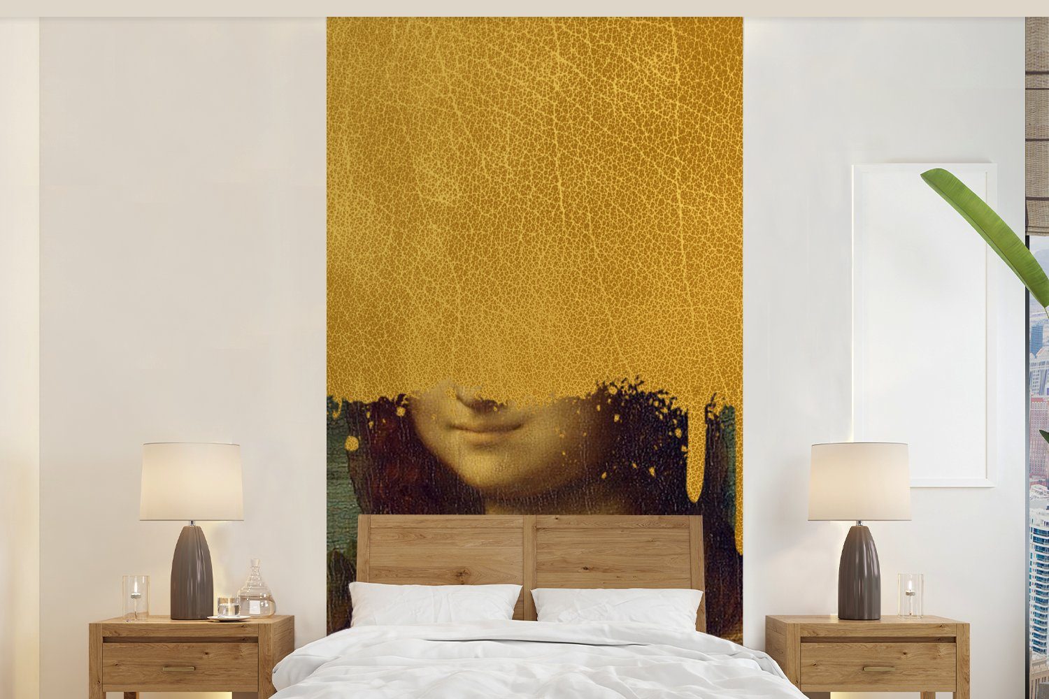 MuchoWow Fototapete Mona Lisa - Da Vinci - Gold, Matt, bedruckt, (2 St), Vliestapete für Wohnzimmer Schlafzimmer Küche, Fototapete