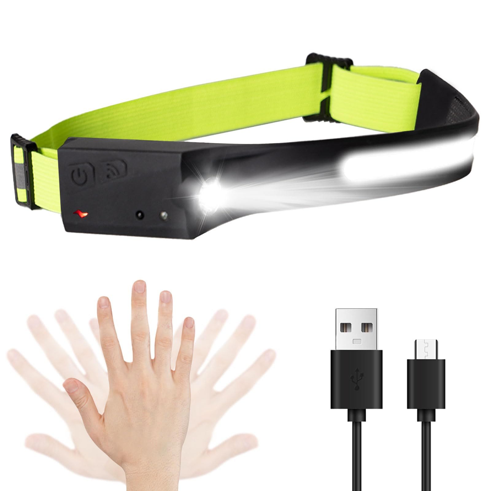 LQWELL LED Stirnlampe Wiederaufladbar, COB-Breitstrahl & Spotlight USB-Lade- Kopflampe (5 Modi Wasserdichte Headlight, 1-St., mit Bewegungssensor & Reflektierendem Kopfband), für Joggen, Radfahren, Camping