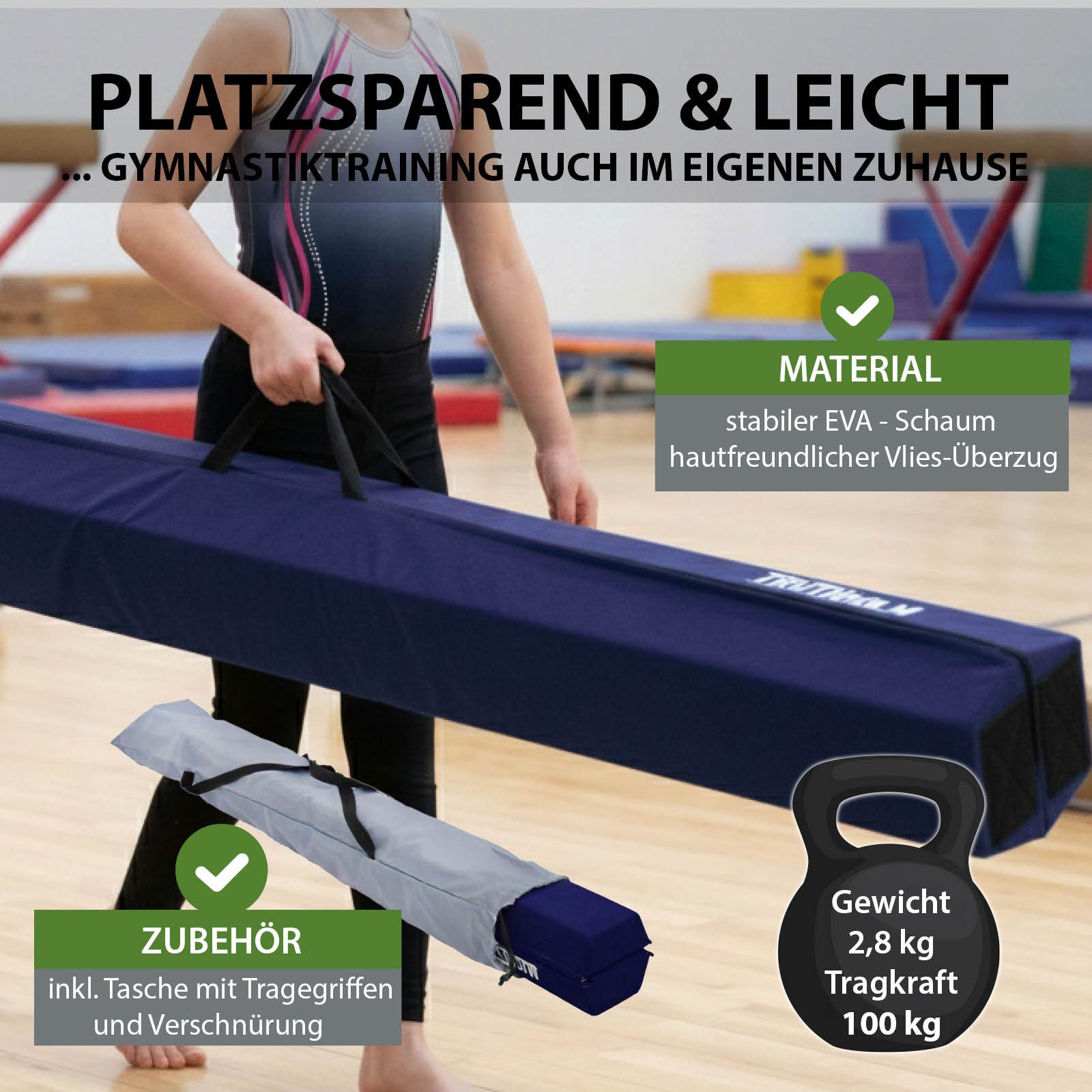 TRUTZHOLM Balanceboard Schwebebalken 300 cm blau tragbarer Turnbalken inkl.Tragetasche, klappbar, tragbar, bodennah, kombinierbar