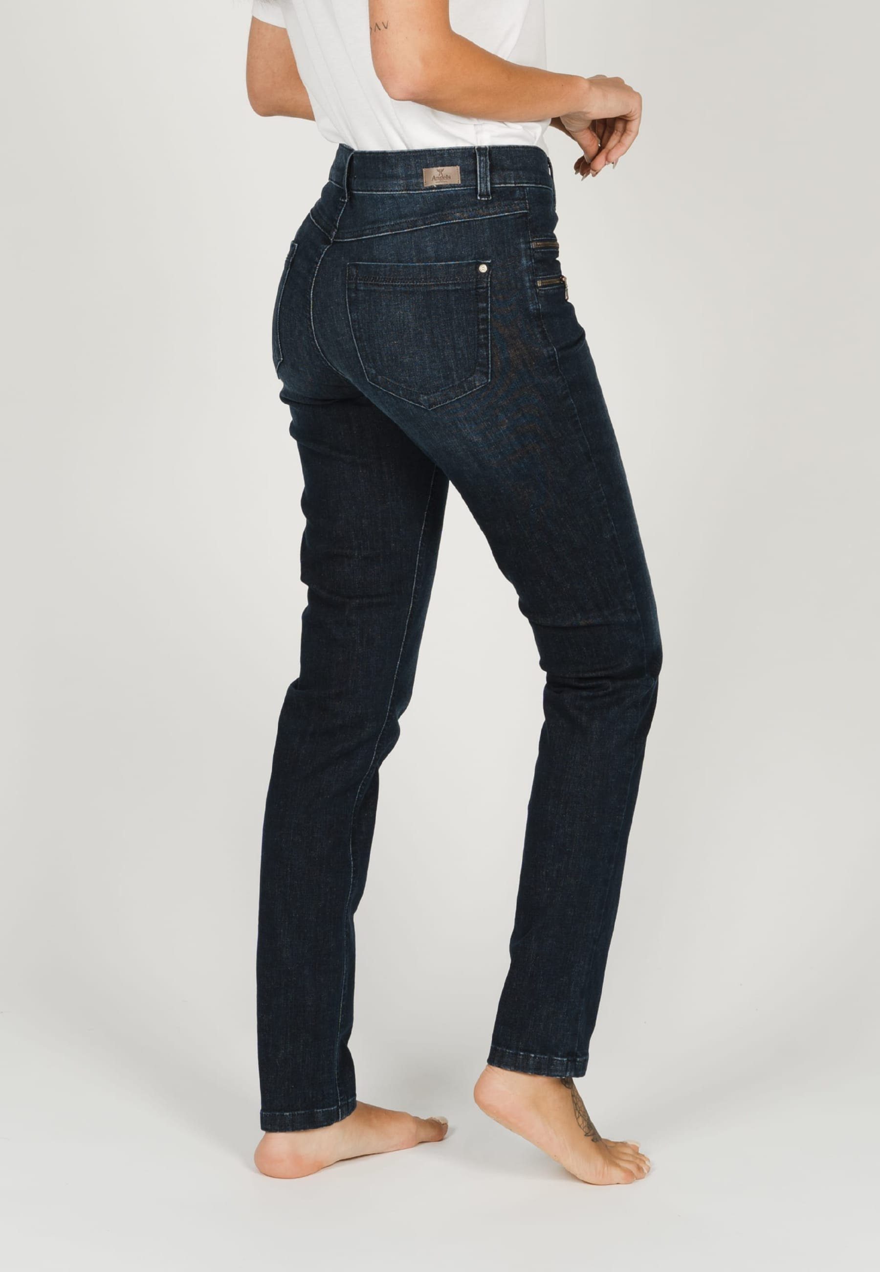 Zierreißverschlüssen Malu ANGELS Label-Applikationen mit Zip Jeans mit Slim-fit-Jeans indigo