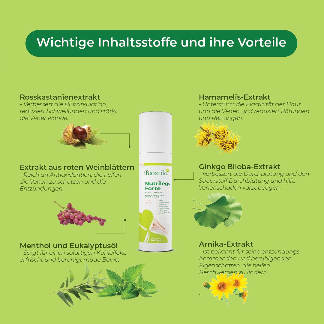 Biostile Beinpflege mit Traubenkernöl und Kräutern für schwere Beine, Creme, 100 g, Mit Menthol, Traubenkernöl und Panthenol, 100 ml