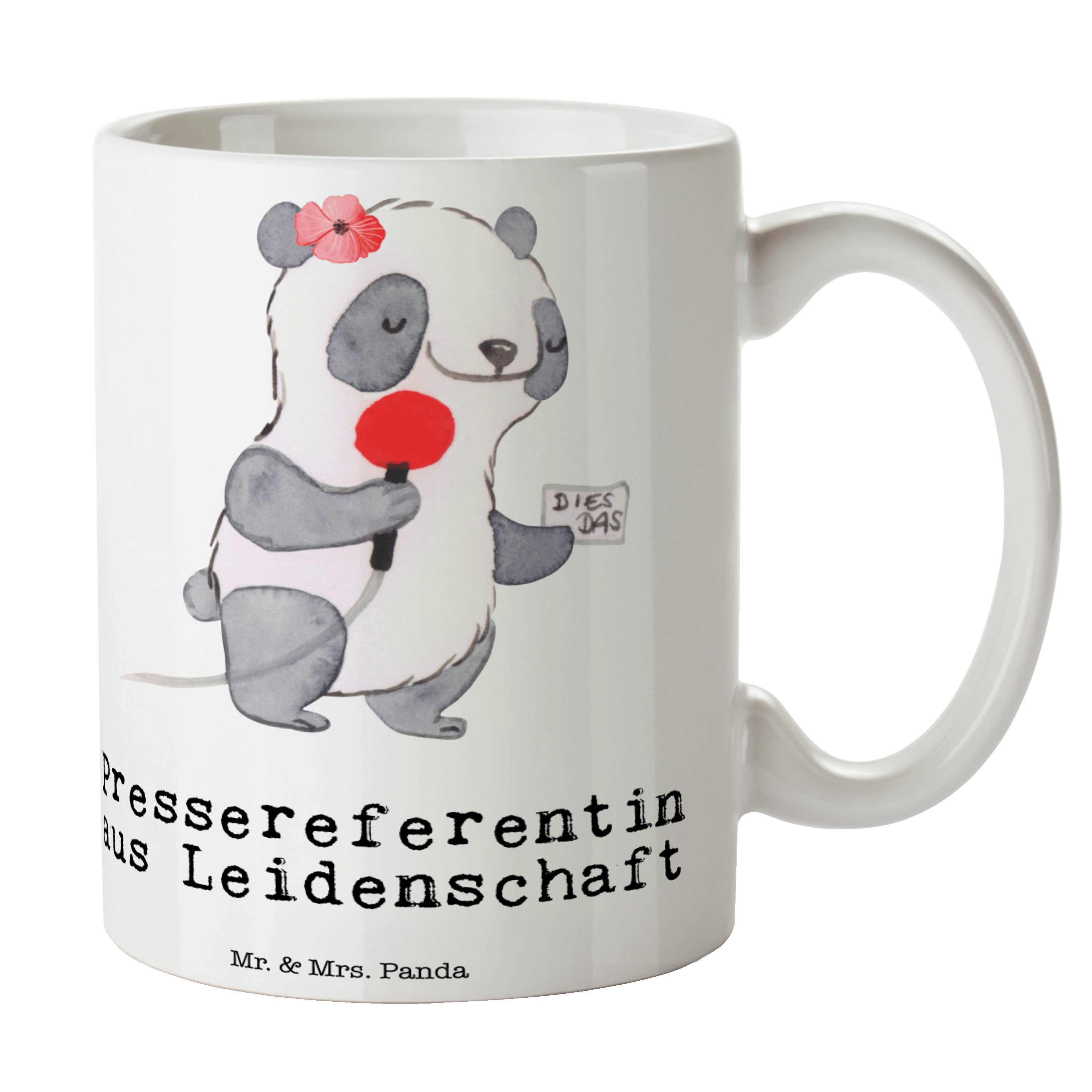 Mr. & Mrs. Panda Tasse Pressereferentin aus Leidenschaft - Weiß - Geschenk, Geschenk Tasse, Keramik