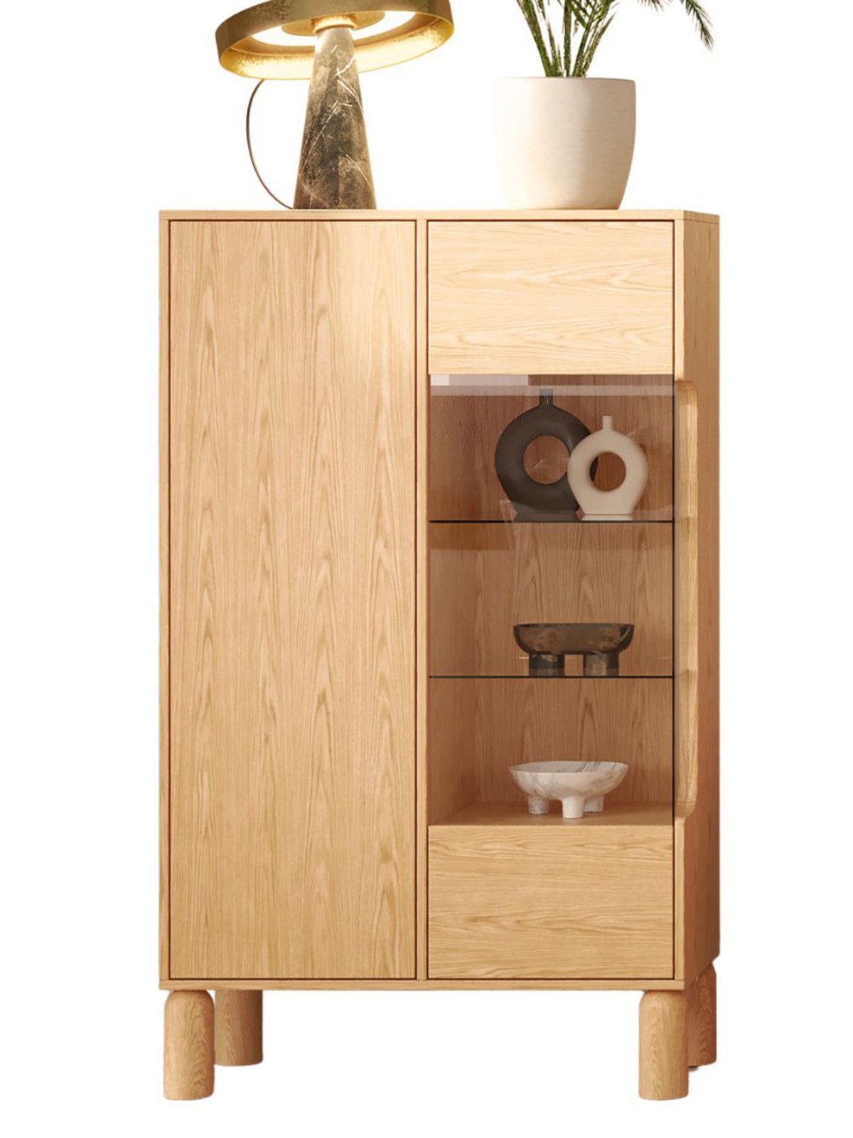 Compleo Standvitrine mit 3 Türen, skandinavischer Stil, Holzfüße MADE IN EU, Glasfront, LED-Beleuchtung als Option
