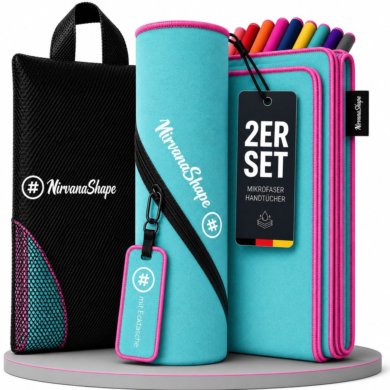 NirvanaShape Reisehandtuch Mikrofaser Handtücher Set, Badehandtuch, Reisehandtuch, Strandtuch, Ecktasche mit Reißverschluss, saugfähig, leicht, schnelltrocknend