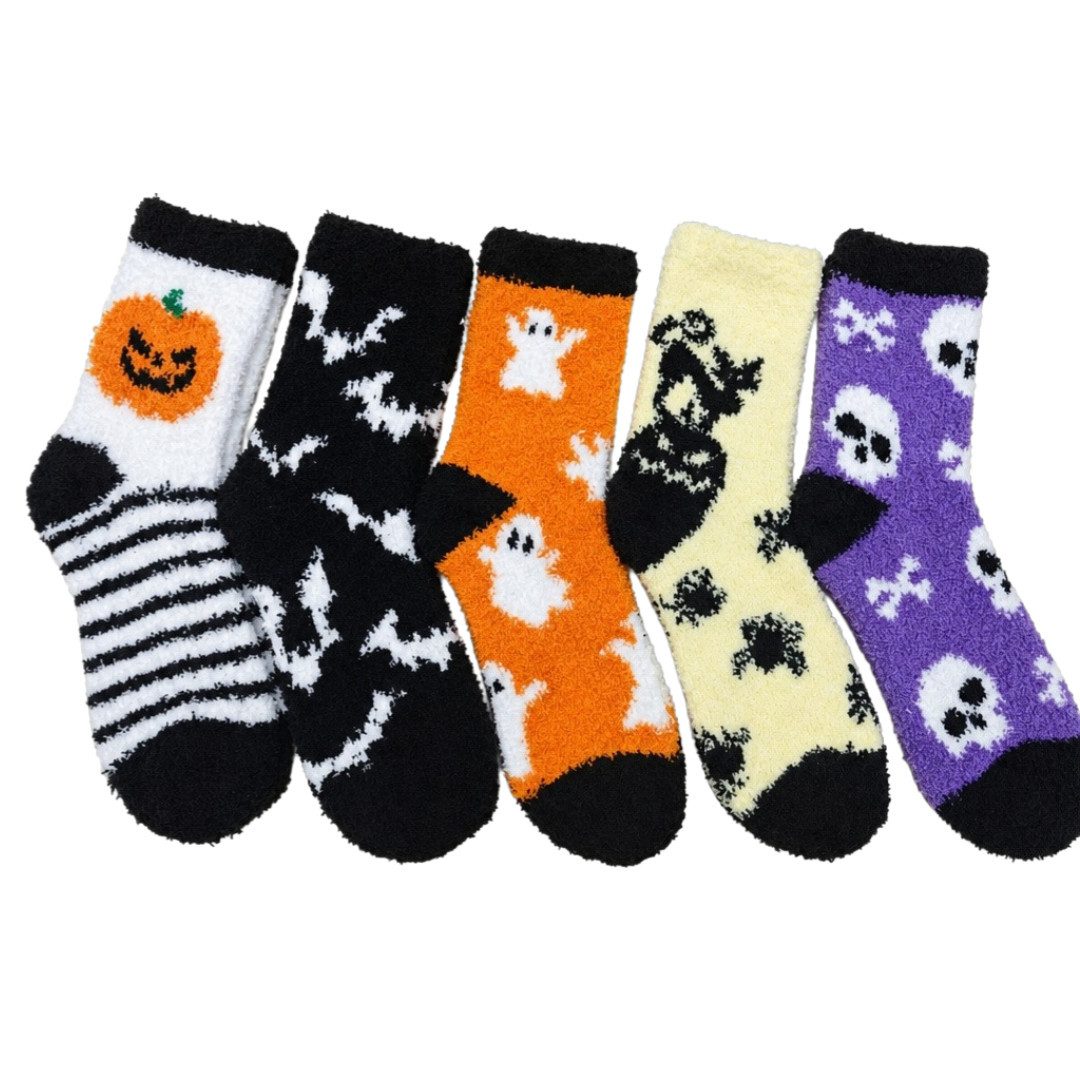 FOUORTUNATE-BEE Thermosocken 5 Paar Damen Socken, Halloween, flauschig, warm, Wintersocken Damen Wintersocken 5 Paar, Kuschelsocken für Zuhause und zum Schlafen