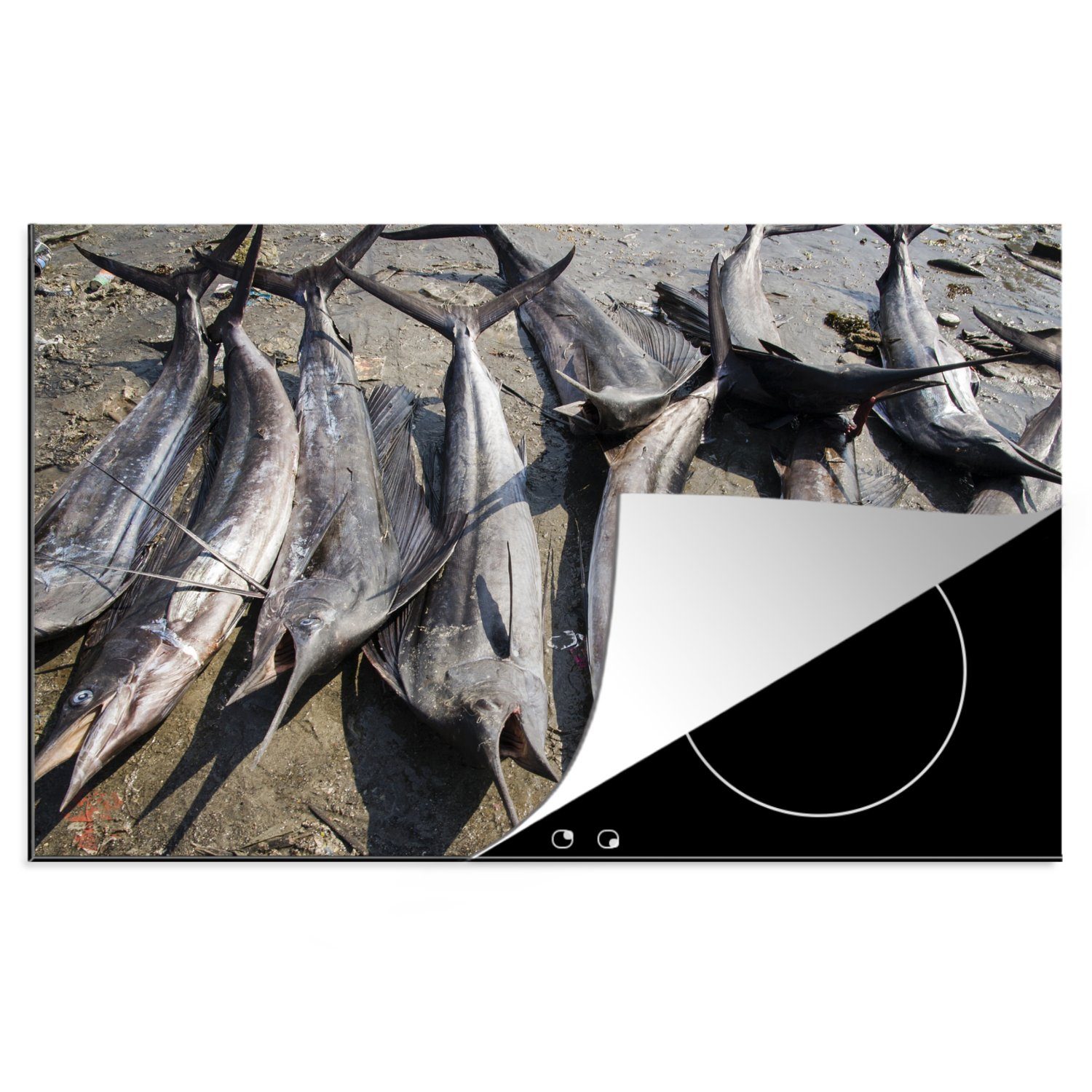 MuchoWow Herdblende-/Abdeckplatte Eine Reihe von toten Schwertfischen, Vinyl, (1 tlg), 81x52 cm, Induktionskochfeld Schutz für die küche, Ceranfeldabdeckung