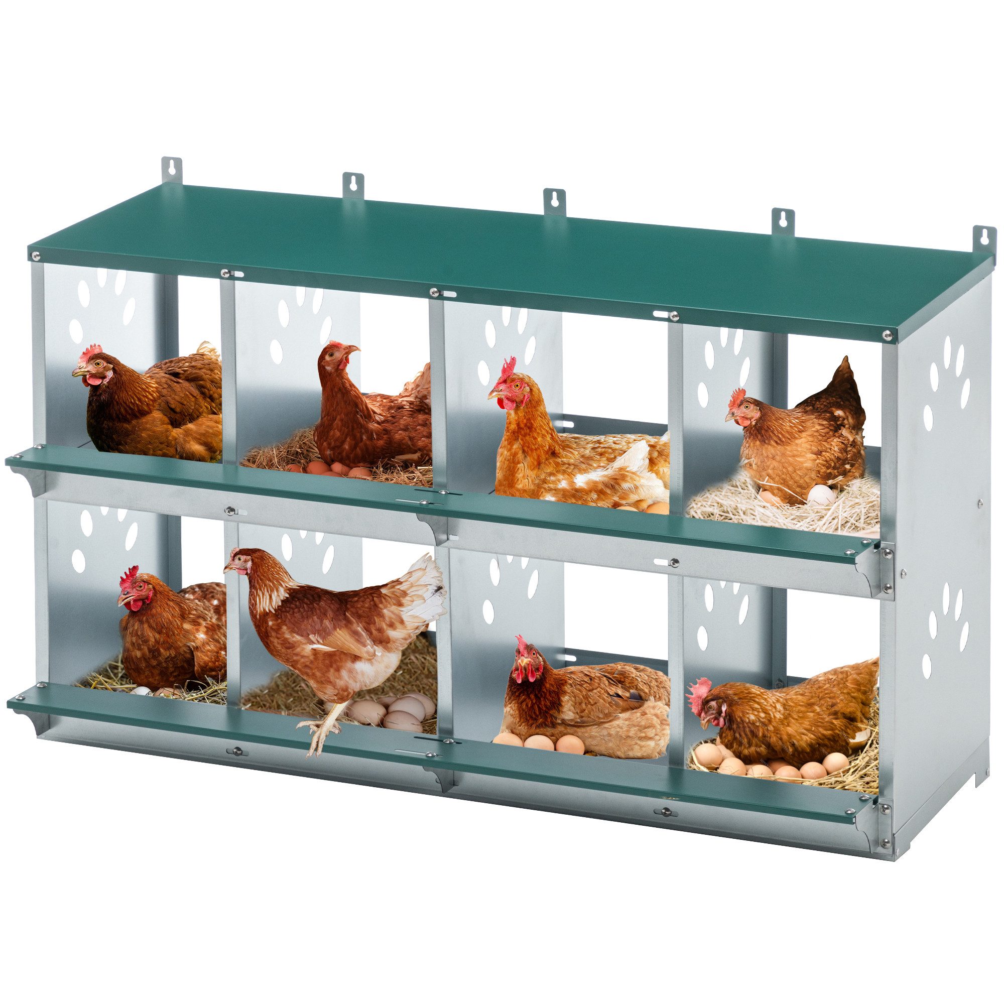 ibettertec Hühnerzaun 8-Fach Hühner-Nistkästen für die Eiablage, (Metall-Geflügel-Nistkasten zum Wandmontieren, für Hühner/Hennen, grob belüftete Hühnerstall-Box)