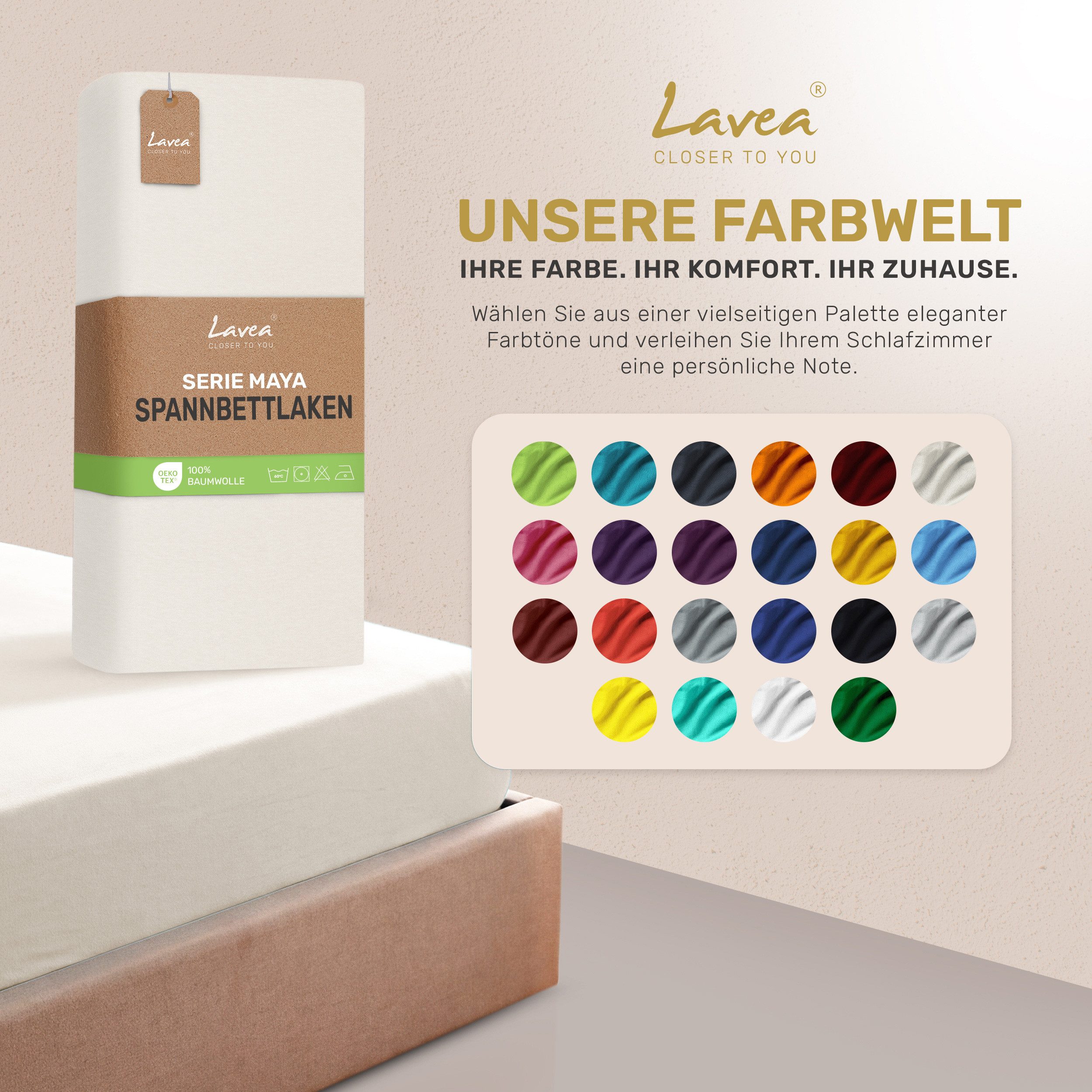 Lavea Spannbettlaken Bettlaken Maya, 180x200cm, 200x200cm, 140x200cm, 160x200cm, 100% Baumwolle Jersey, Gummizug: rundum, (1 Stück), für Matratzen, Topper, Boxs – Bild 4 von 5