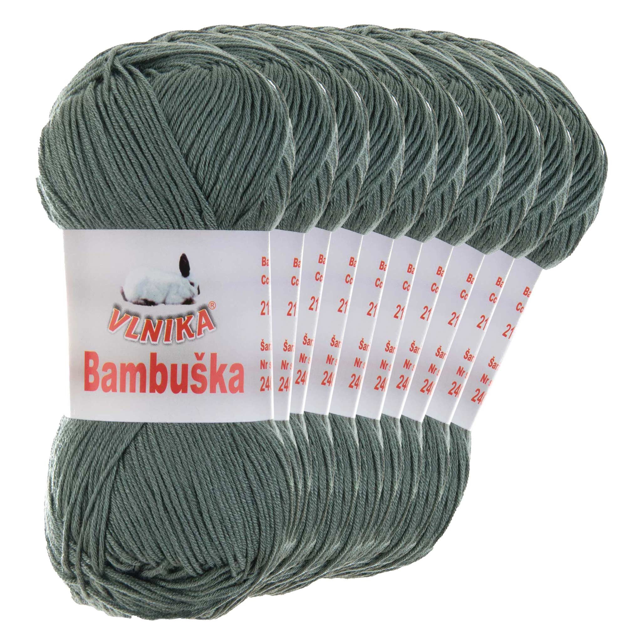 VLNIKA 10 x 50g Häkelgarn Bambuska Sommergarn Strickgarn Baumwolle Viskose Häkelwolle, 205 m (Sparpaket, 10 x 50g Knäuel), 21 graugrün