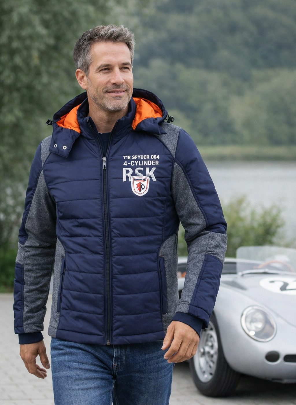 STATE of ART Steppjacke Herren Steppjacke Übergangsjacke Racing Berlin Sport blau mit abnehmbarer Kapuze