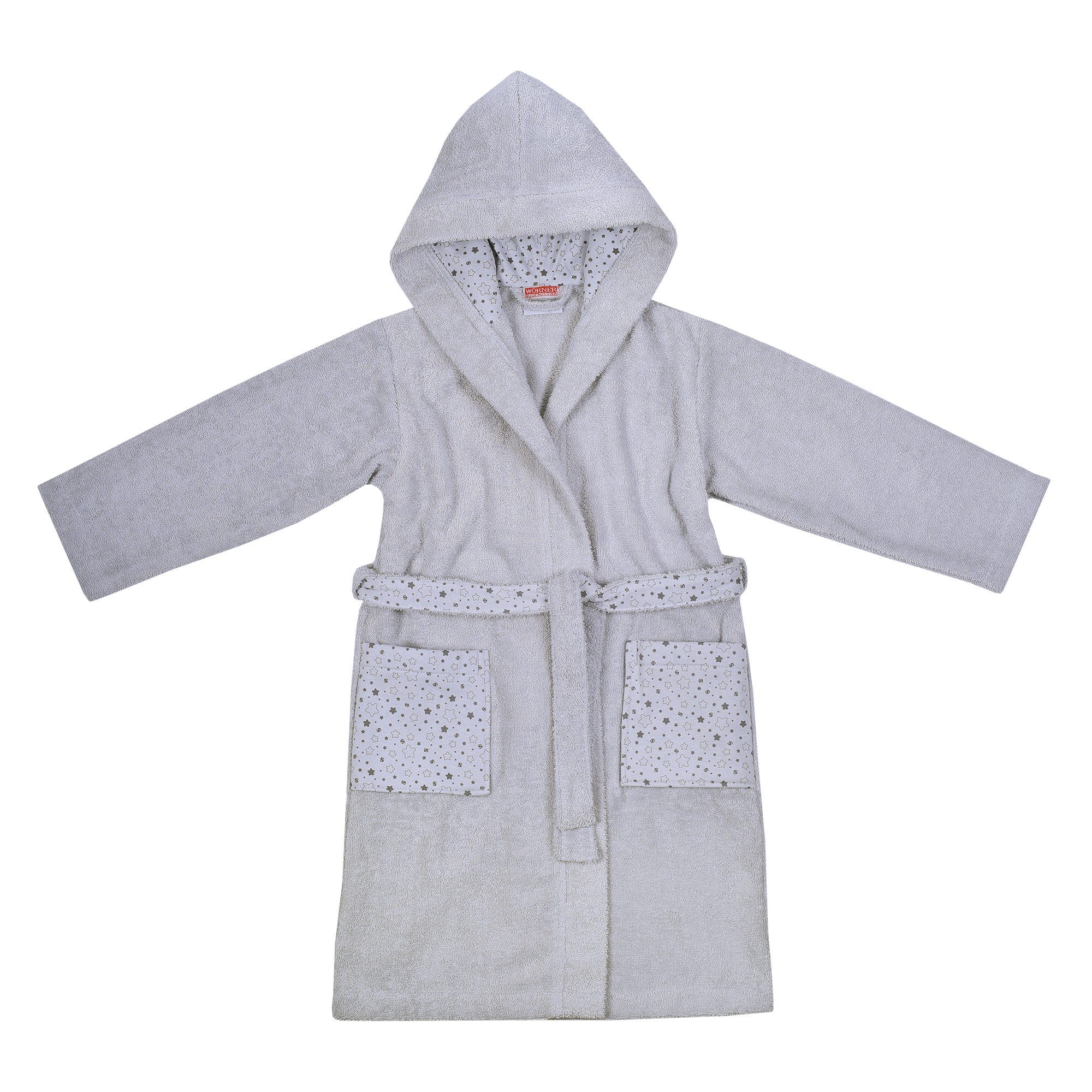 Wörner Kinderbademantel Sterne, Langform, Baumwoll-Webfrottier, Kapuze, Gürtel, mit Stickerei, mit Taschen, maschinenwaschbar, trocknergeeignet