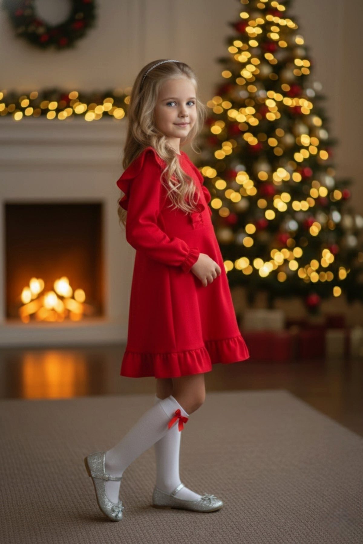 Parla Kids Sommerkleid Rotes Mädchen Leinenkleid – Langarm mit Rüschen
