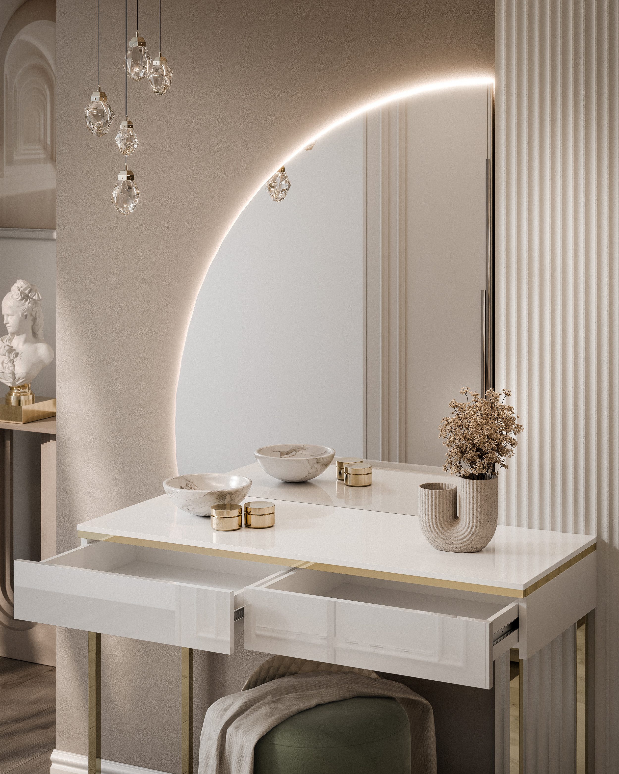Lookway Schminktisch AURORA-Q GOLD mit Spiegel und Led Beleuchtung