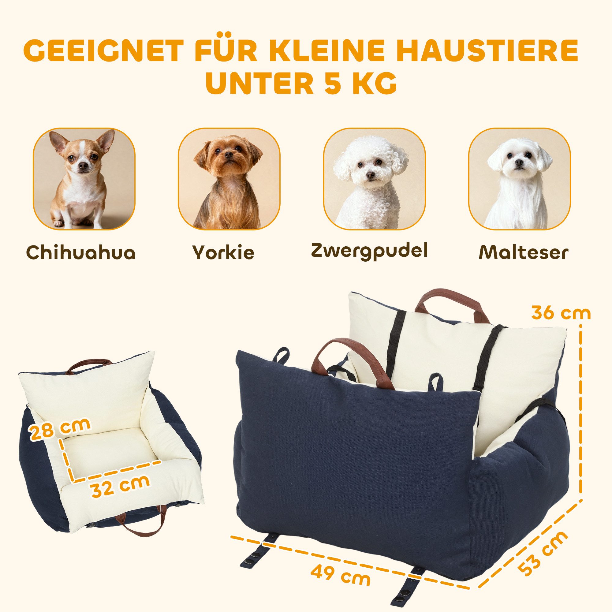 PawHut Hunde-Autositz mit Sicherheitsgurt, Baumwolle, für Kleine Hunde und Katzen Haustiere