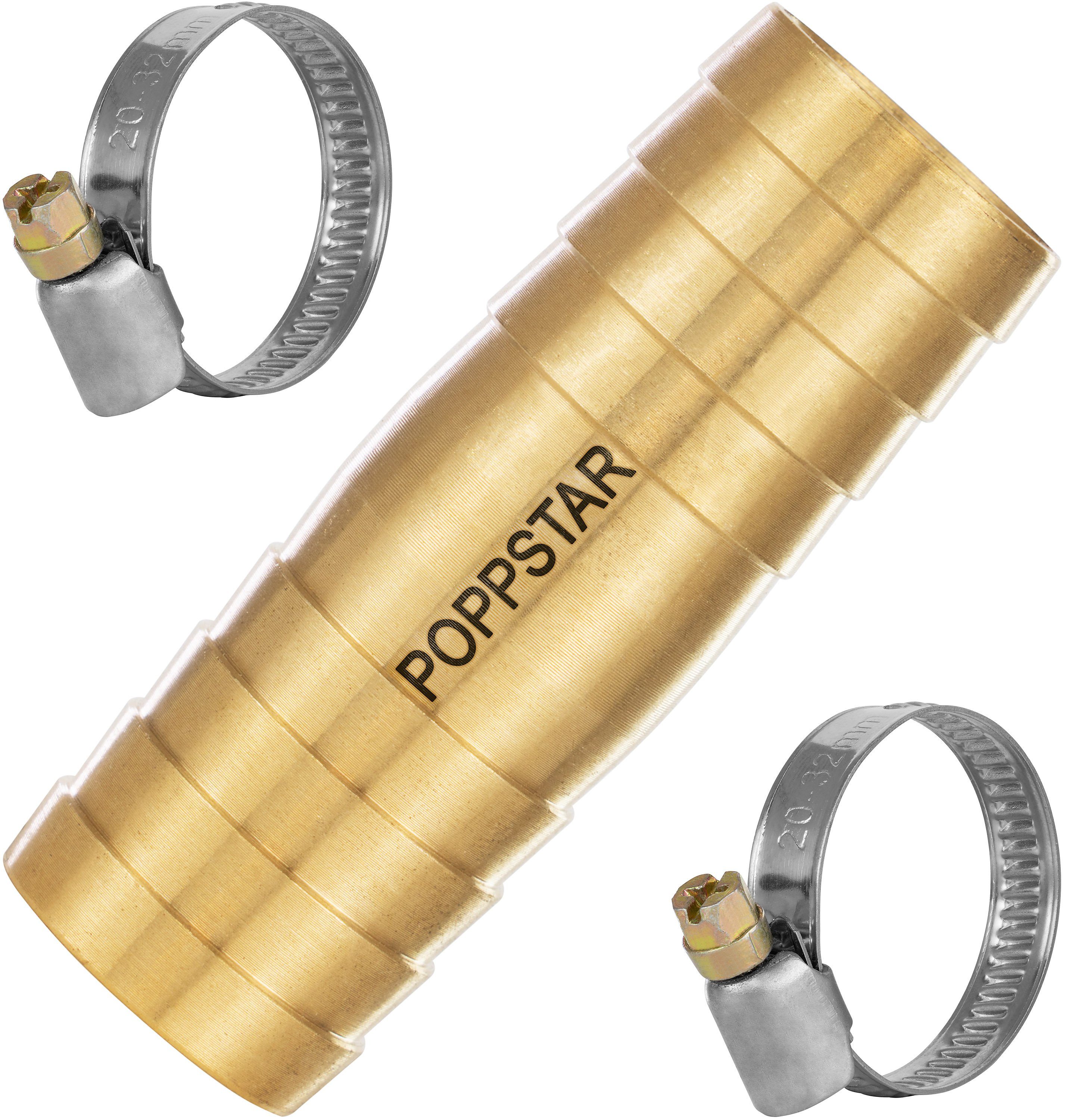 Poppstar Schlauchtülle Messing Schlauchverbinder-Set mit 2 Stück Edelstahl-Schlauchschellen, (3-tlg., Durchmesser 3/4 Zoll), für Gartenschlauch-Reparatur oder Schlauch-Verlängerung