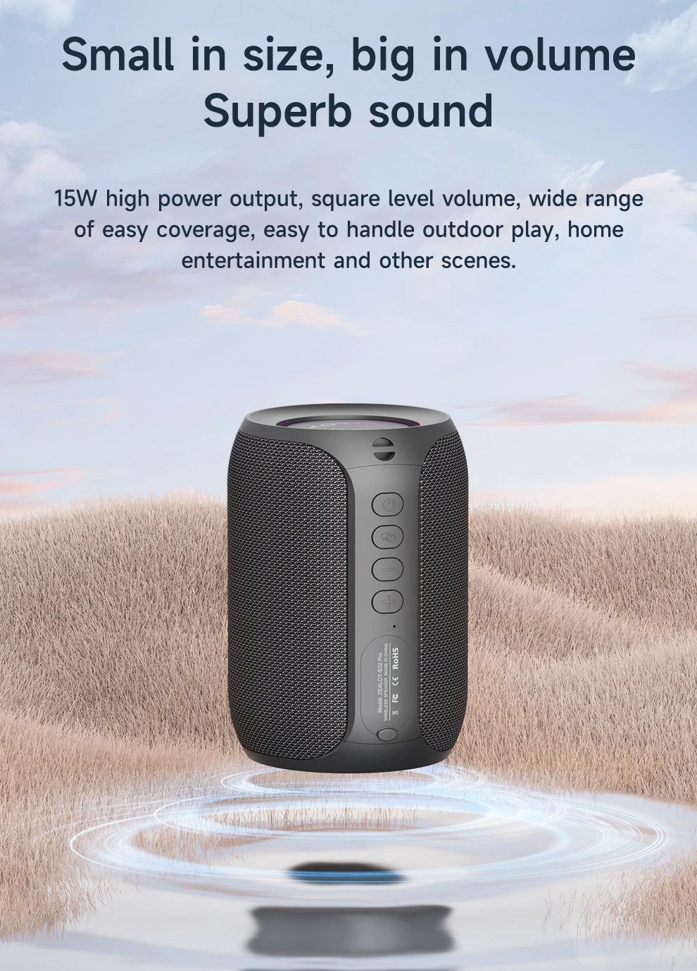 ZEALOT S32 PRO Lautsprecher Bluetooth Wasserdicht Kabellos Musikbox Bluetooth-Lautsprecher (15 W, IPX5 Wasserdicht, 15 Std. Musikwiedergabe, 360° Bass)