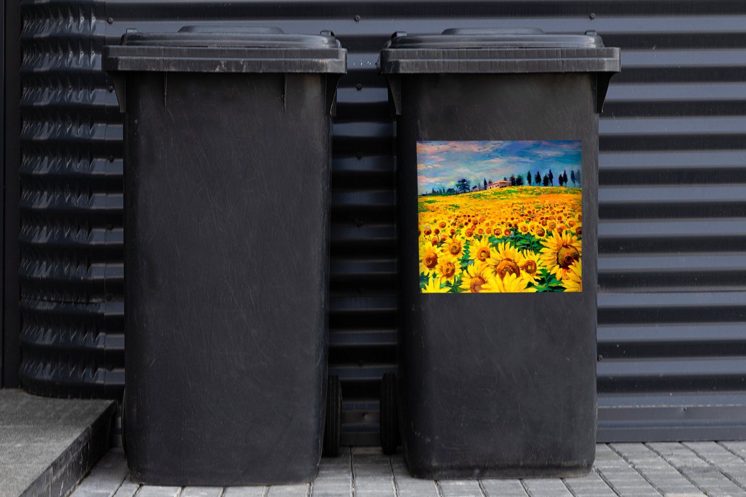 (1 Mülltonne, Sonnenblume - Container, MuchoWow - St), Blumen Abfalbehälter Gemälde Mülleimer-aufkleber, - Sticker, Ölfarbe Wandsticker