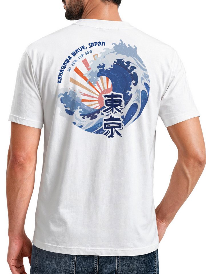 Neverless Print-Shirt Backprint T-Shirt Herren Welle Kanagawa Japan Schriftzeichen mit Print