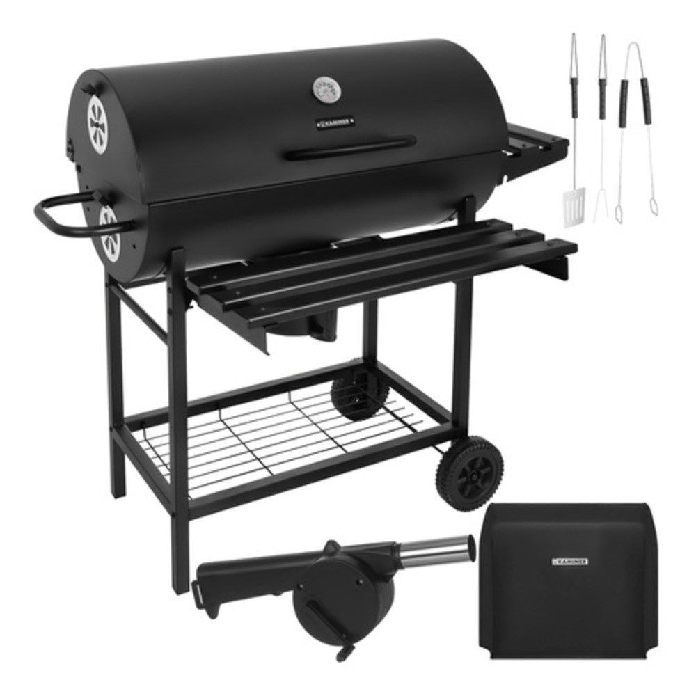 Kaminer Standgrill Holzkohlegrill Grillwagen Barbecue, Deckelthermometer, 2 Grillroste, Abdeckung, Zubehör-Set