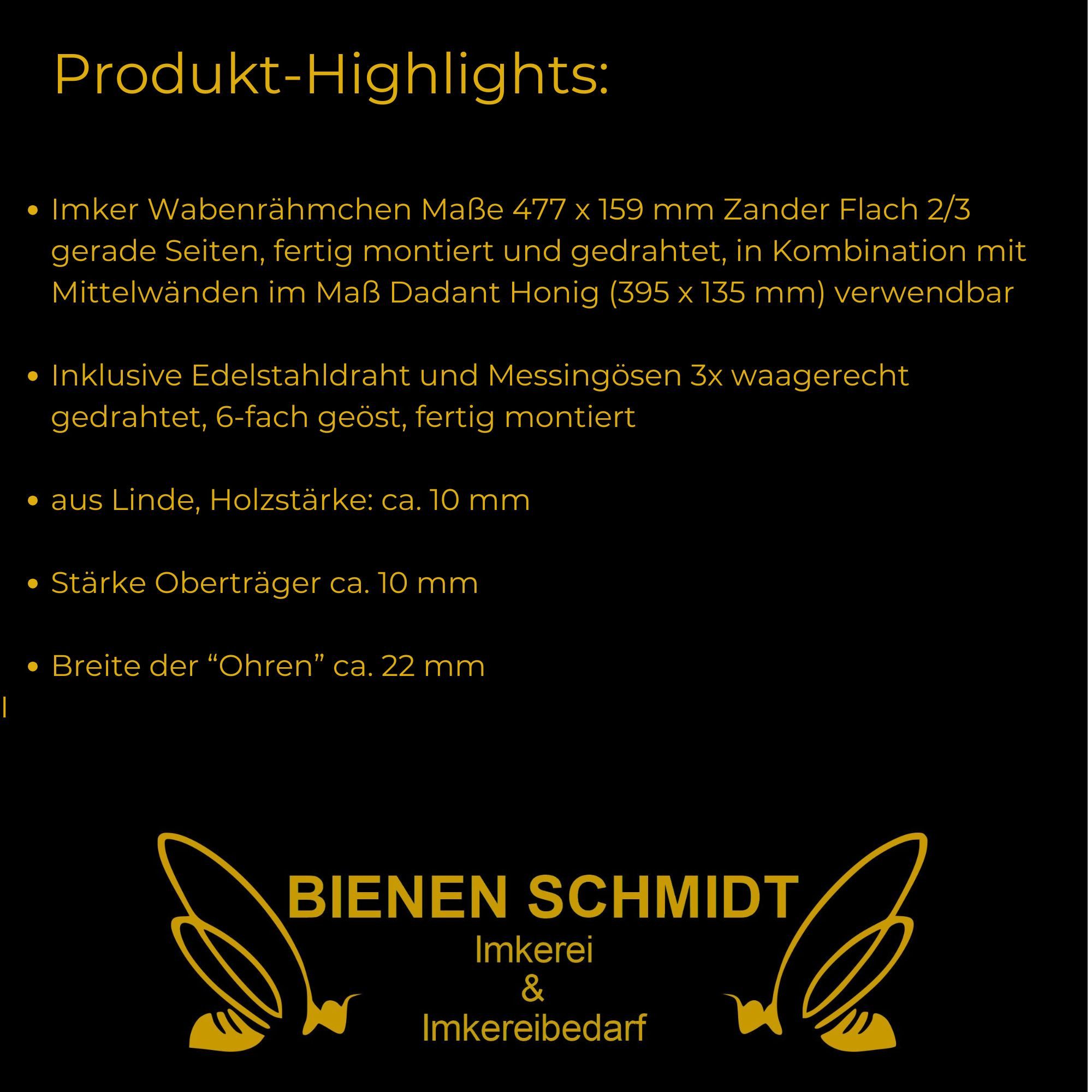 BIENEN SCHMIDT Bienenbeute Zander Rähmchen FLACH 2/3 mit Geraden Seiten 477 x 159 mm, Zander, 20-tlg., fertig montiert, Edelstahldraht, Messingösen, geleimt und getackert