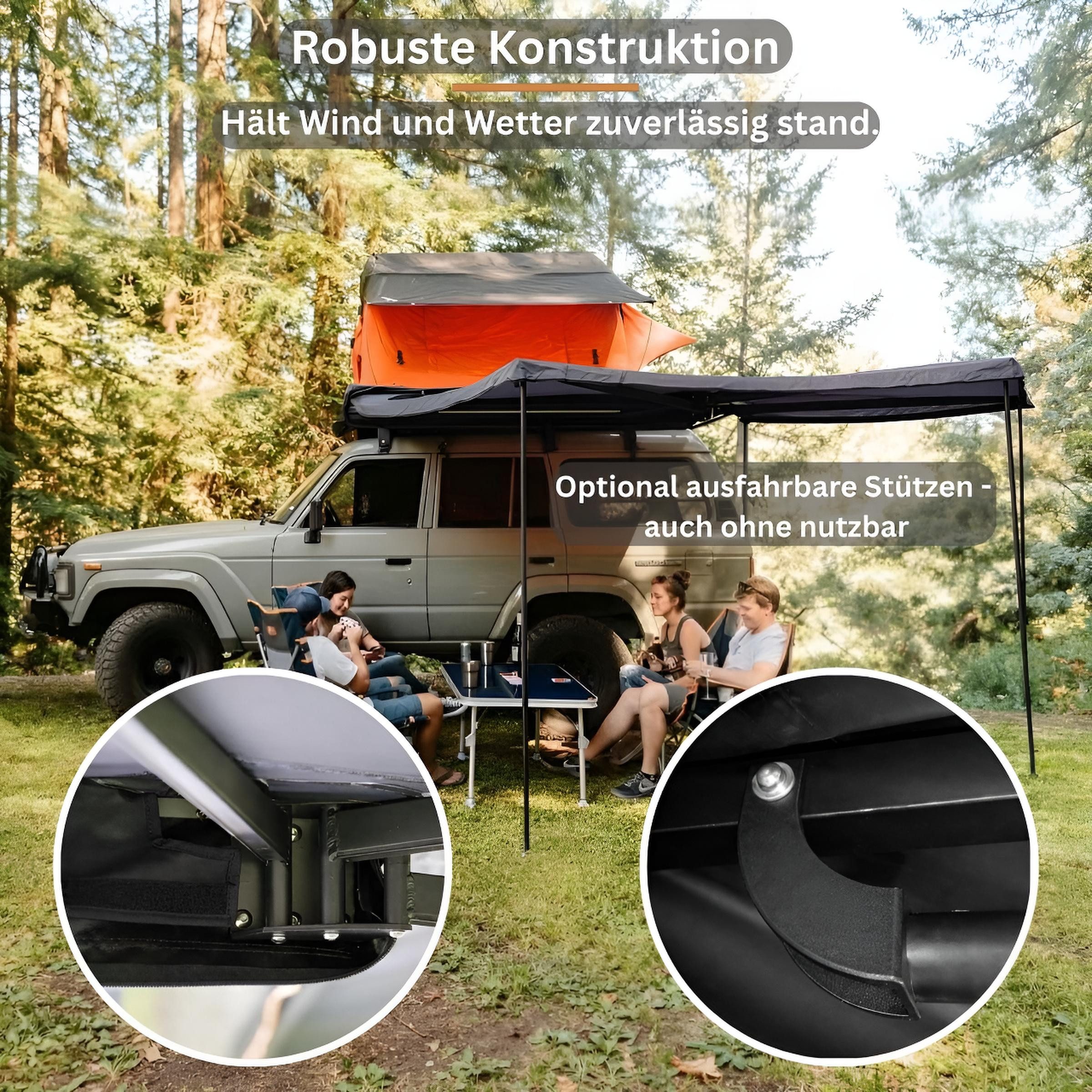 TZIpower Markisenvorzelt 270° Autodachmarkise Auto Markise, Vordach, Dachzelt Schwarz/Grau LED
