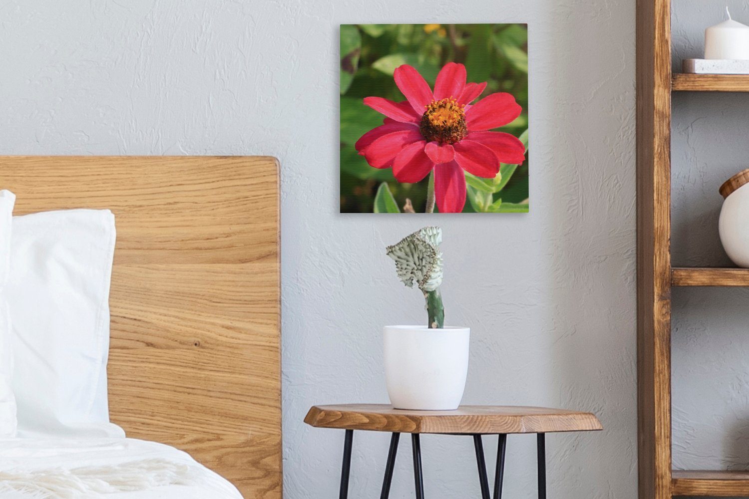 OneMillionCanvasses® Leinwandbild Rote Bilder für Wohnzimmer Leinwand Schlafzimmer in St), Zinnienblüte Blüte, (1