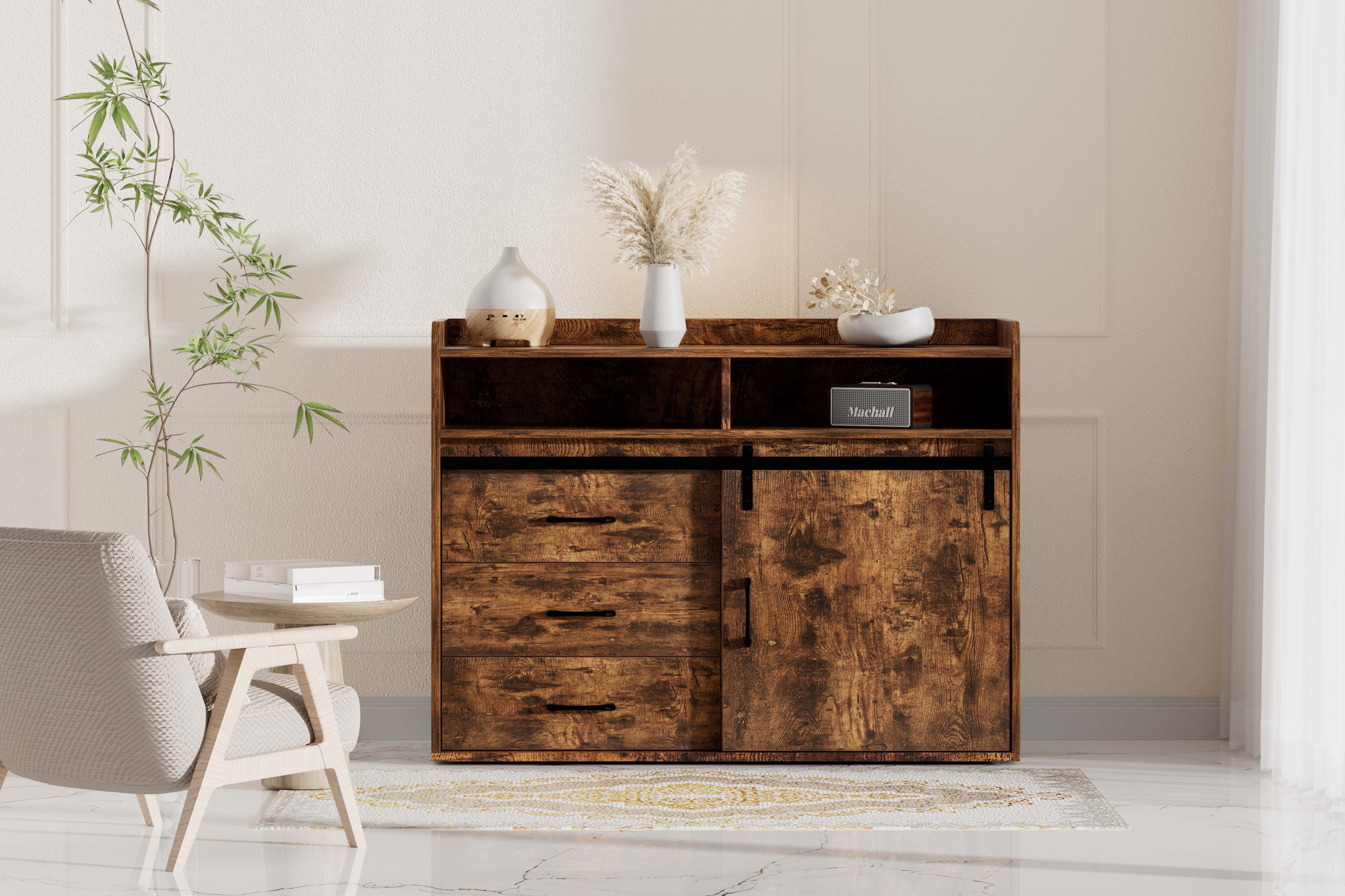 HOMAVO Sideboard HG1-L mit Schiebetüren & 4 Schubladen – 140 cm günstig online kaufen