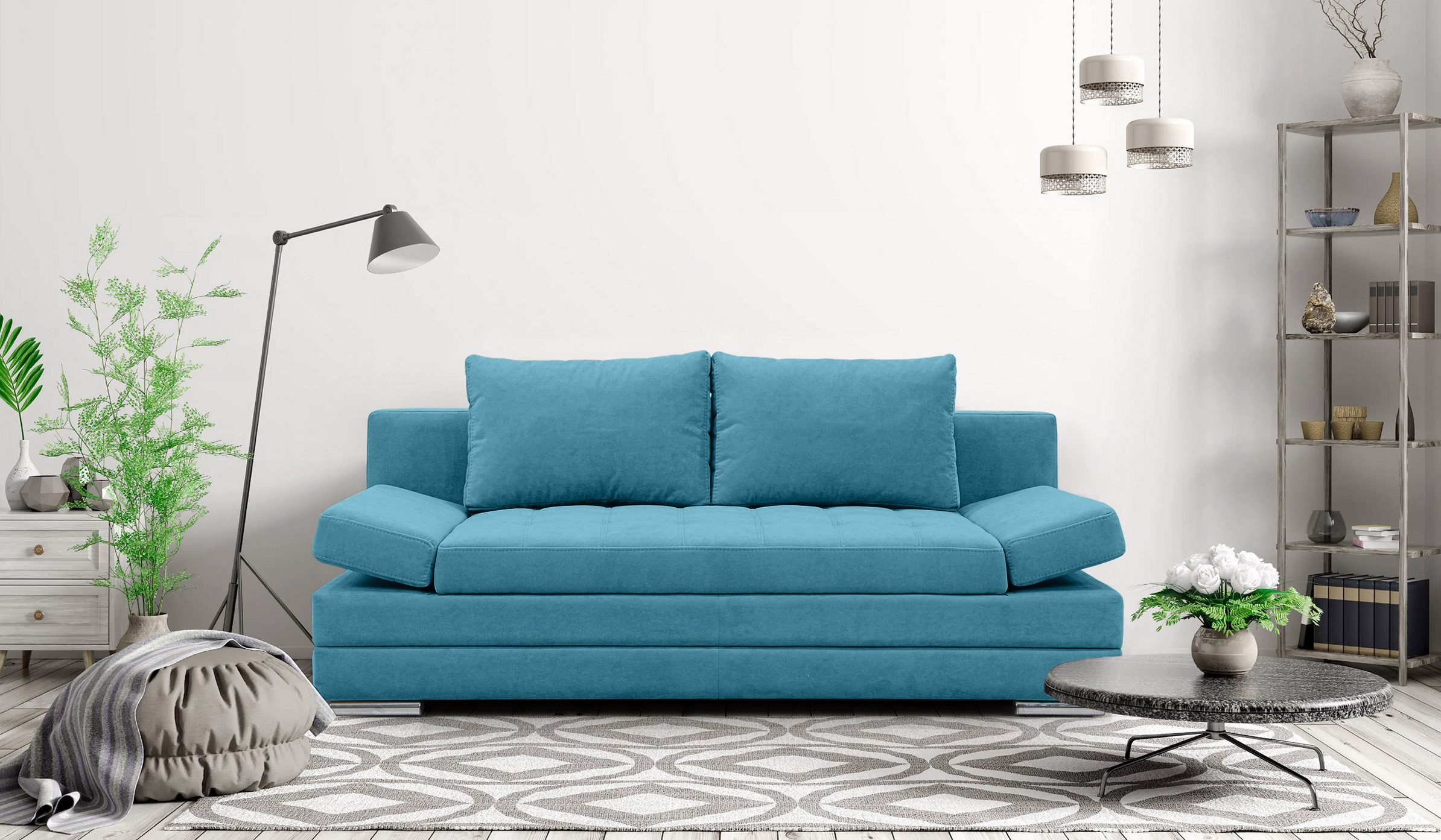 Hygger Möbelhaus Schlafsofa „Barni" Sofa mit Bettfunktion und Bettkasten, Inkl. Armteilverstellung, Die Kombination aus Wellenunterfederung und Federkern sorgt, für langlebige, stabile Sitzqualität. Liegefläche 145x202 cm.