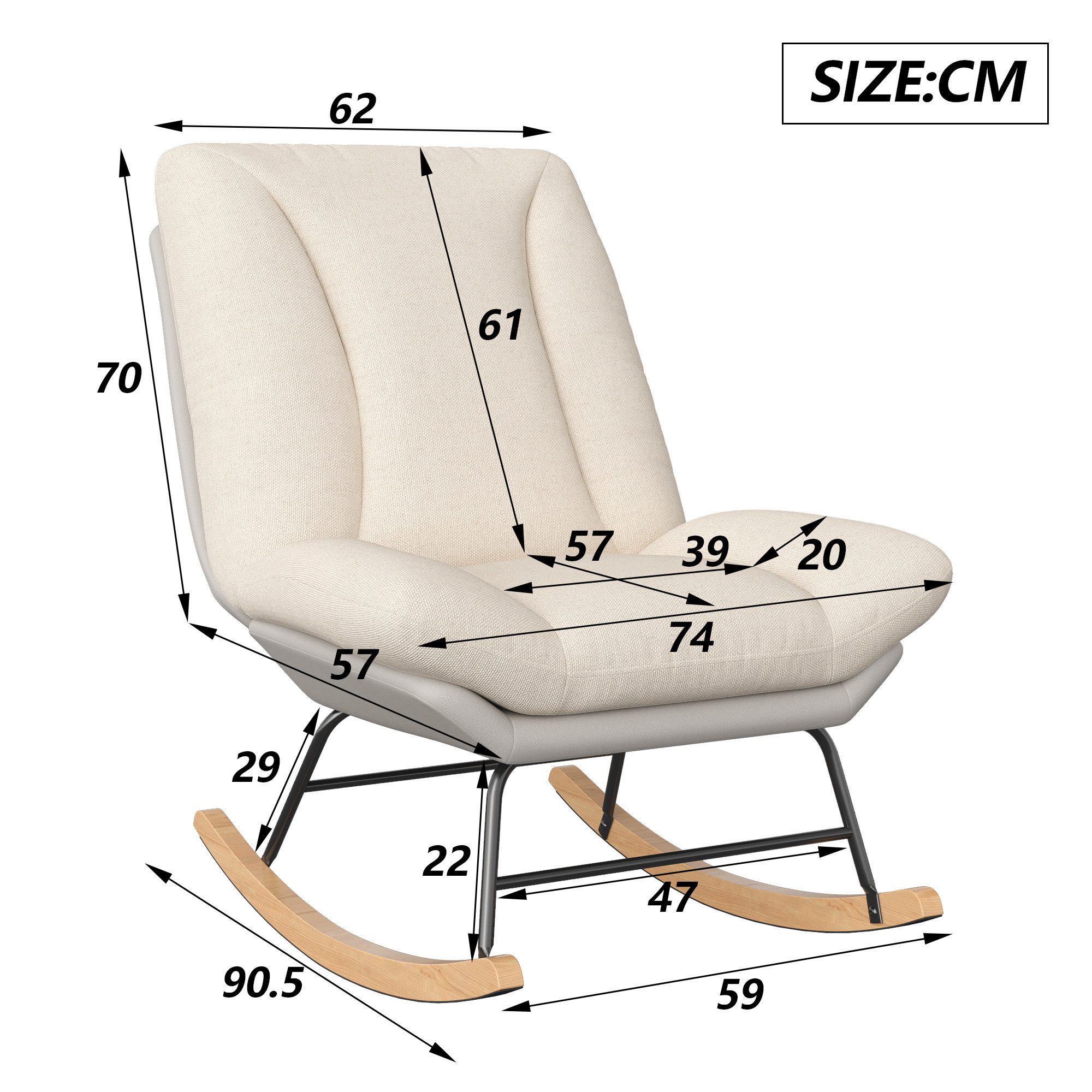 BELUPAI Schaukelstuhl Relaxsessel Schaukelsessel,mit Massivholz Füßen und Metallgestell (Set, 1 St), Verstellbarer Rückenleh Nenneigung,Beige-B