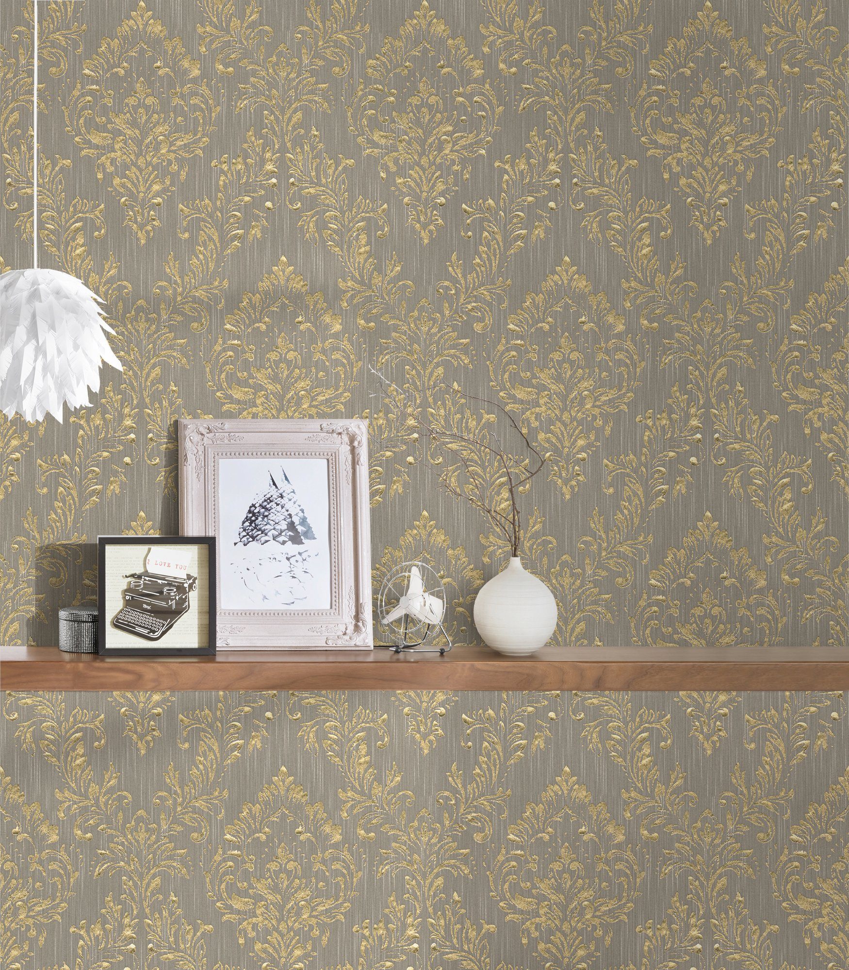 Metallic glänzend, gold/dunkelbeige Ornament Silk, matt, Tapete Barock Textiltapete Paper Architects Barock, samtig,