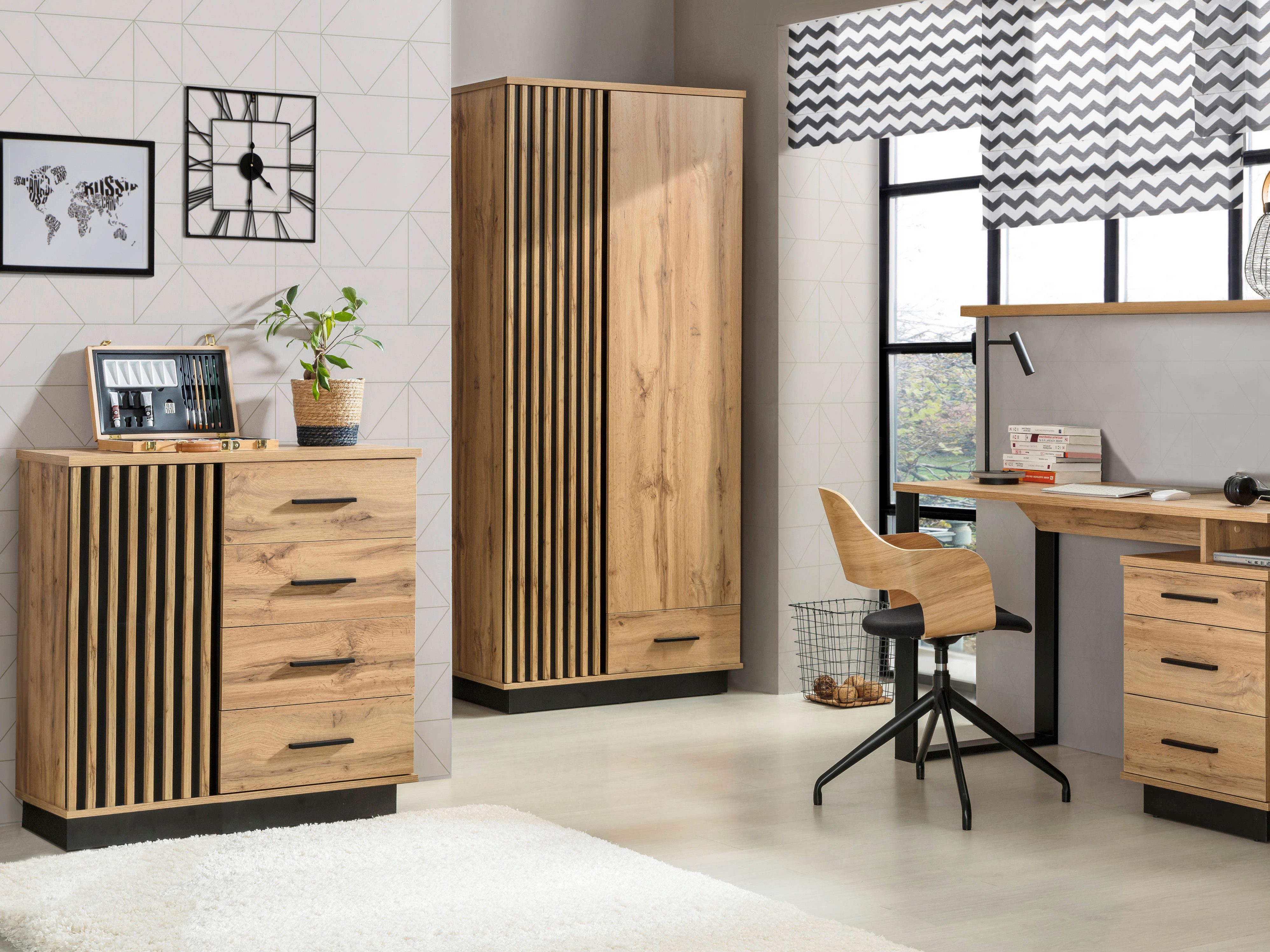 Beautysofa Kommode Lamelo mit 4 Schubladen und 1 Tür (Holzoptik Schwarz, Elegante Farbkombination), Lamellenfront – Bild 5 von 5