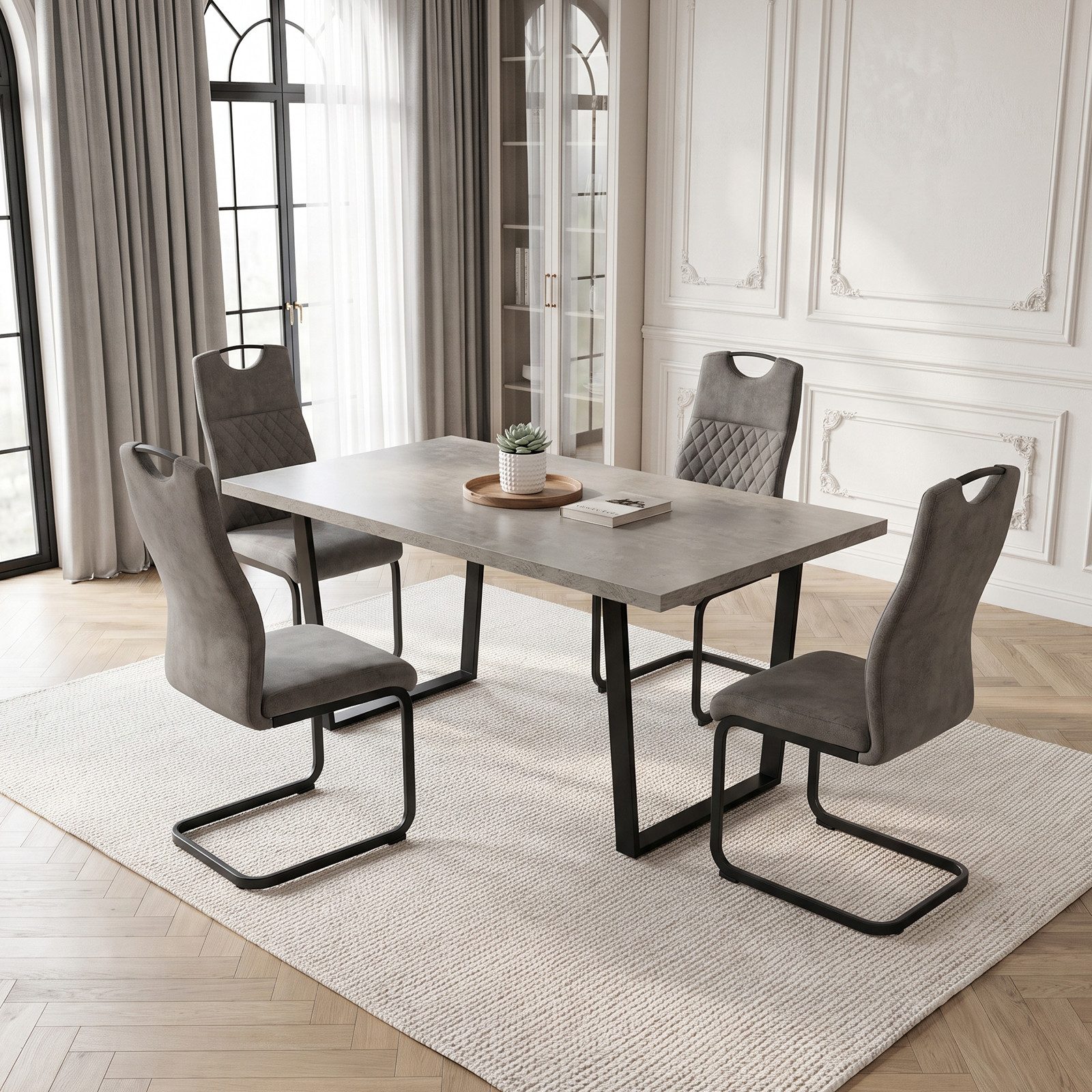 Jiexi Essgruppe Essgruppe fest 110x70 MDF Grau Tisch Set mit Hightech-Stoff Stühlen